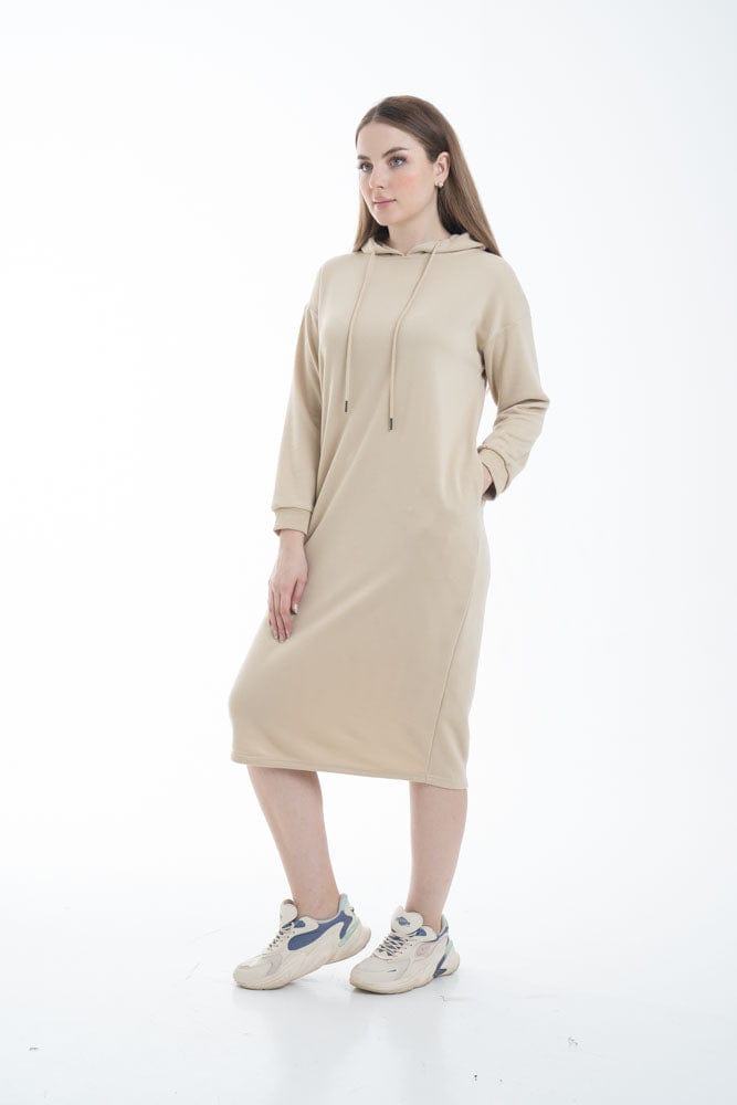 نتشي فستان ميدي بأكمام طويلة وجيب امامي ملحق بهودي