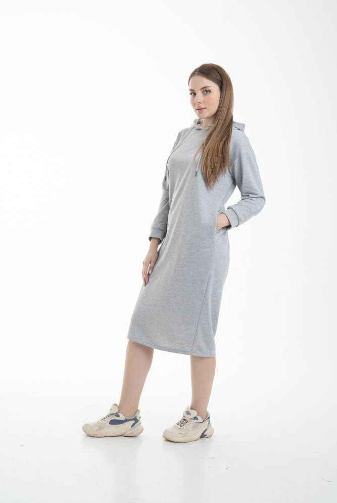 نتشي فستان ميدي بأكمام طويلة وجيب امامي ملحق بهودي