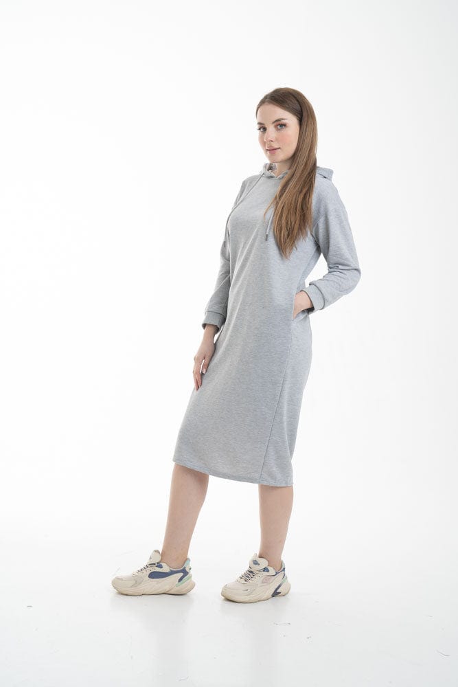 نتشي فستان ميدي بأكمام طويلة وجيب امامي ملحق بهودي