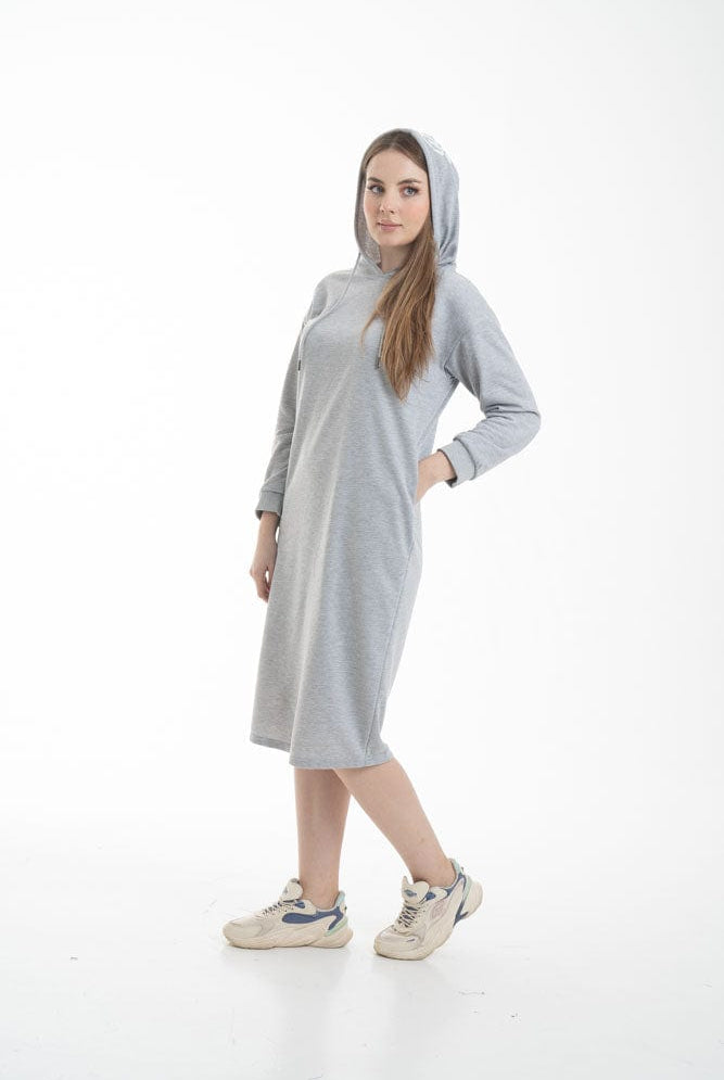 نتشي فستان ميدي بأكمام طويلة وجيب امامي ملحق بهودي