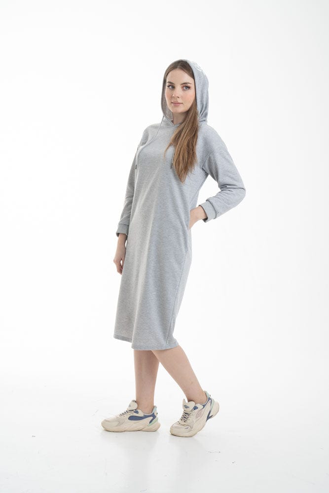 نتشي فستان ميدي بأكمام طويلة وجيب امامي ملحق بهودي