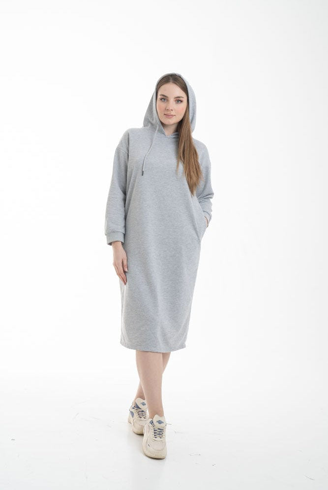 نتشي فستان ميدي بأكمام طويلة وجيب امامي ملحق بهودي