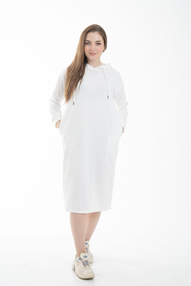 نتشي فستان ميدي بأكمام طويلة وجيب امامي ملحق بهودي