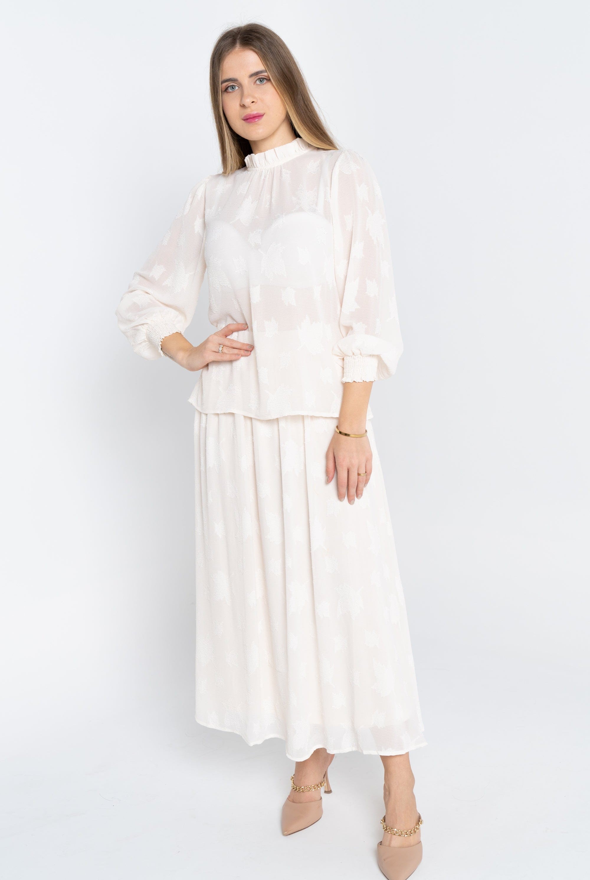 نتشي بلوزة كلاسيك طويلة شيفون منقوشة أكمام طويلة مع أساور على الأكمام نسائي