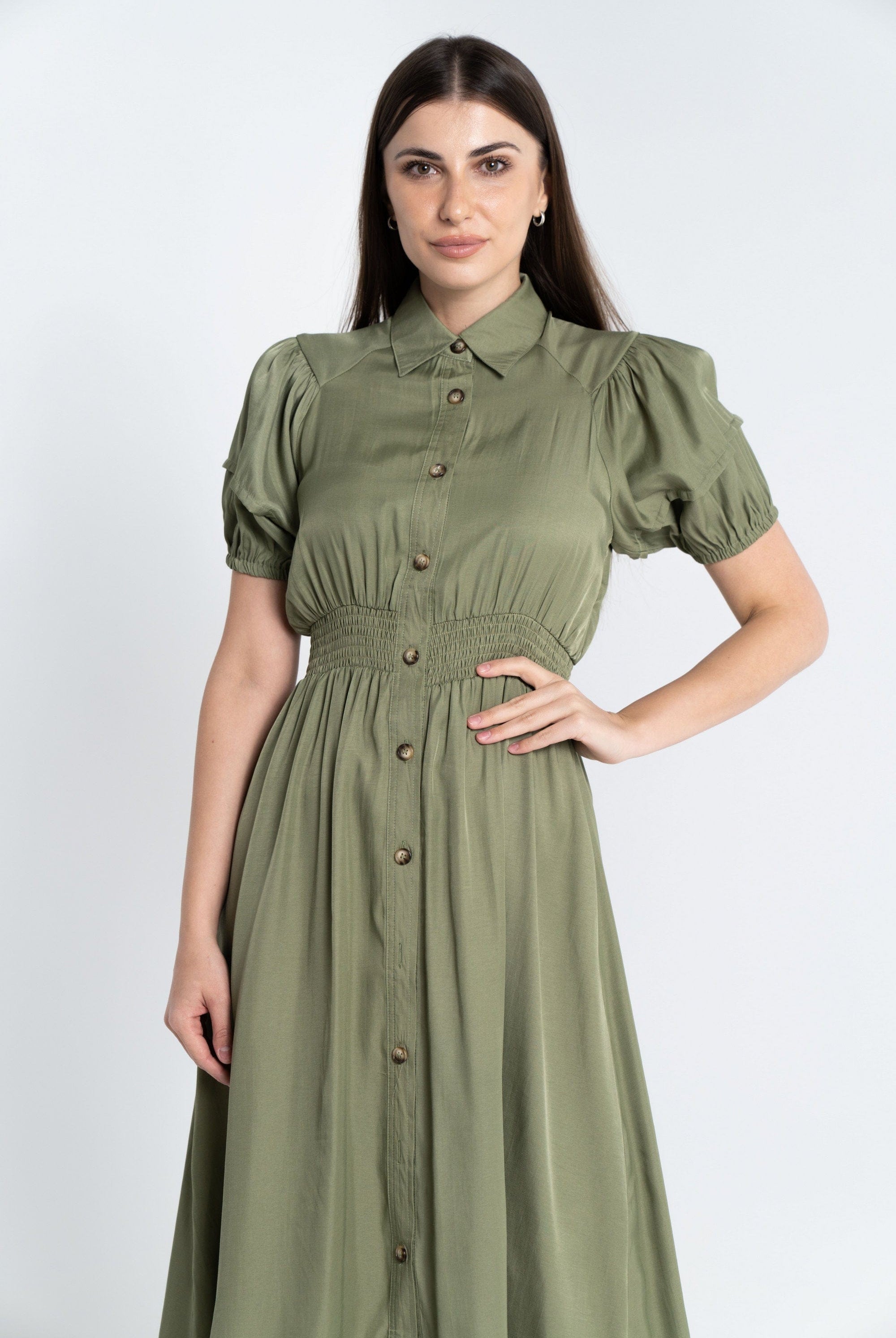 نتشي فستان ميدي مخصر بأزرار أميمة كم قصير بف نسائب