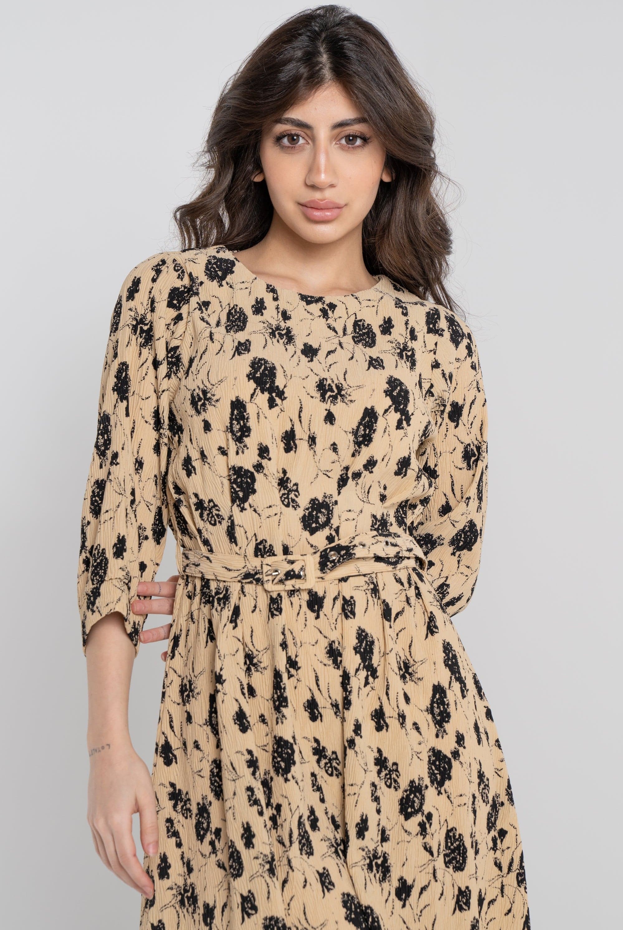 نتشي فستان ميدي مخصر مشجر 3/4 كم نسائي