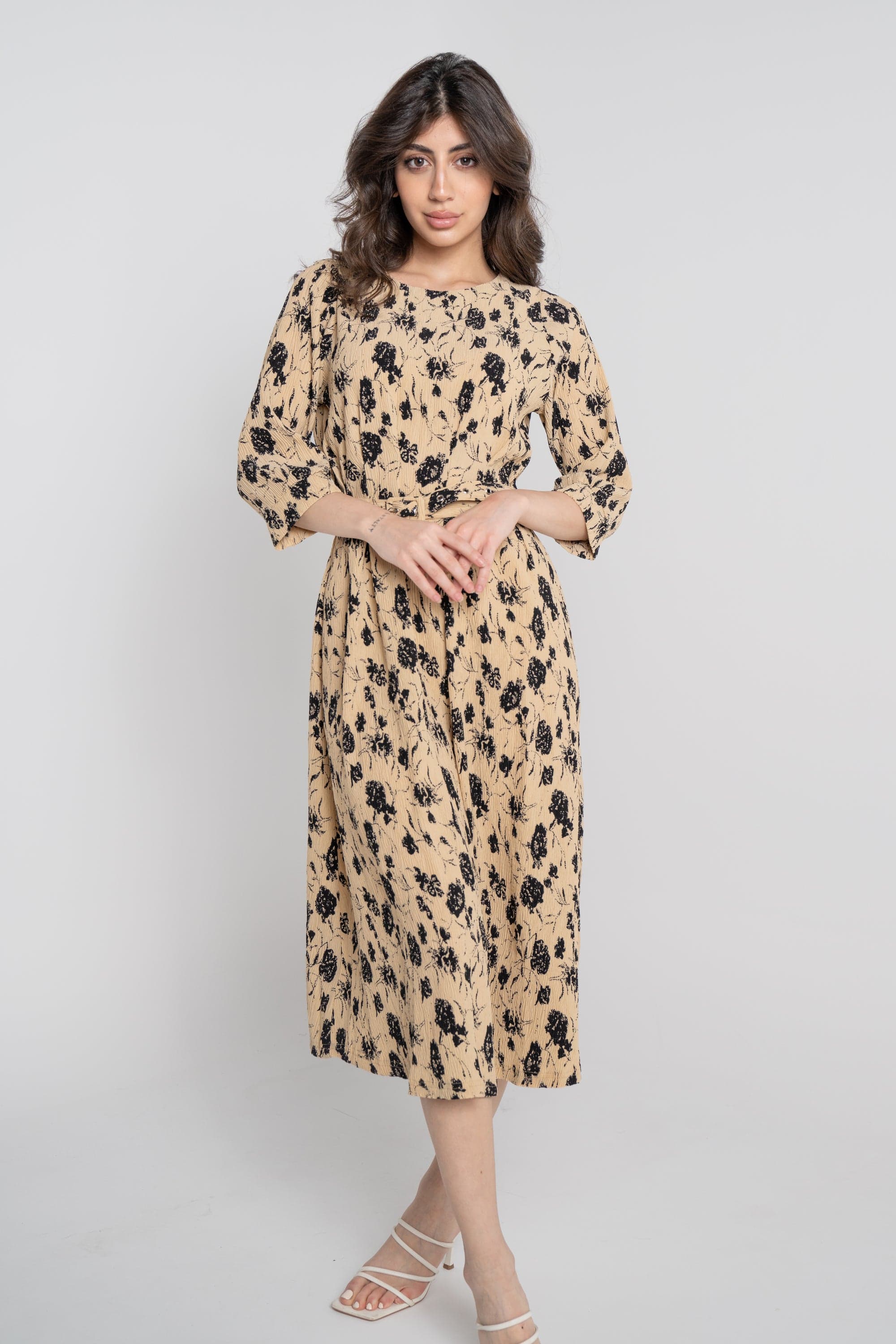 نتشي فستان ميدي مخصر مشجر 3/4 كم نسائي