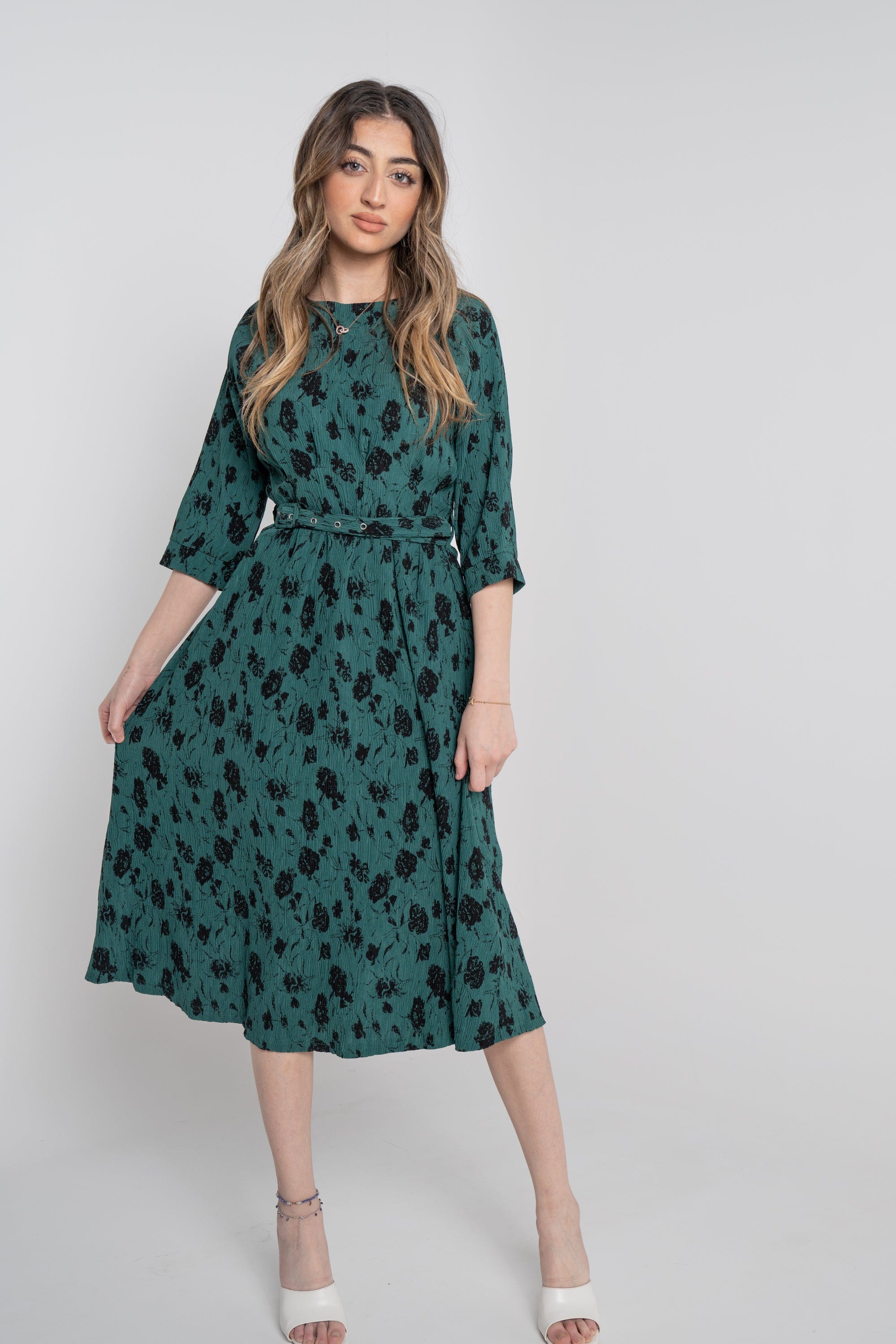 نتشي فستان ميدي مخصر مشجر 3/4 كم نسائي