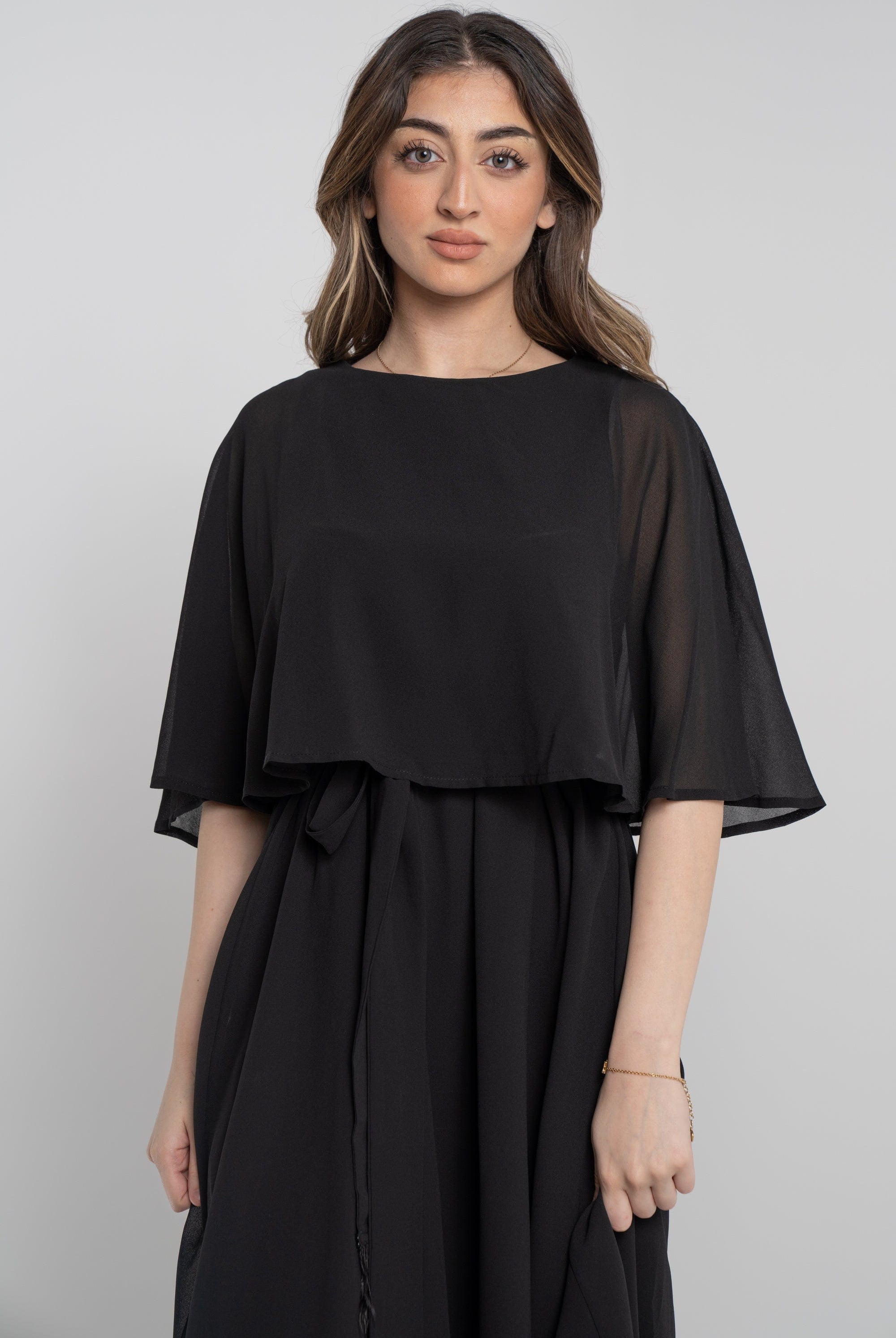 نتشي فستان طويل نص كم برباط على الخصر نسائي