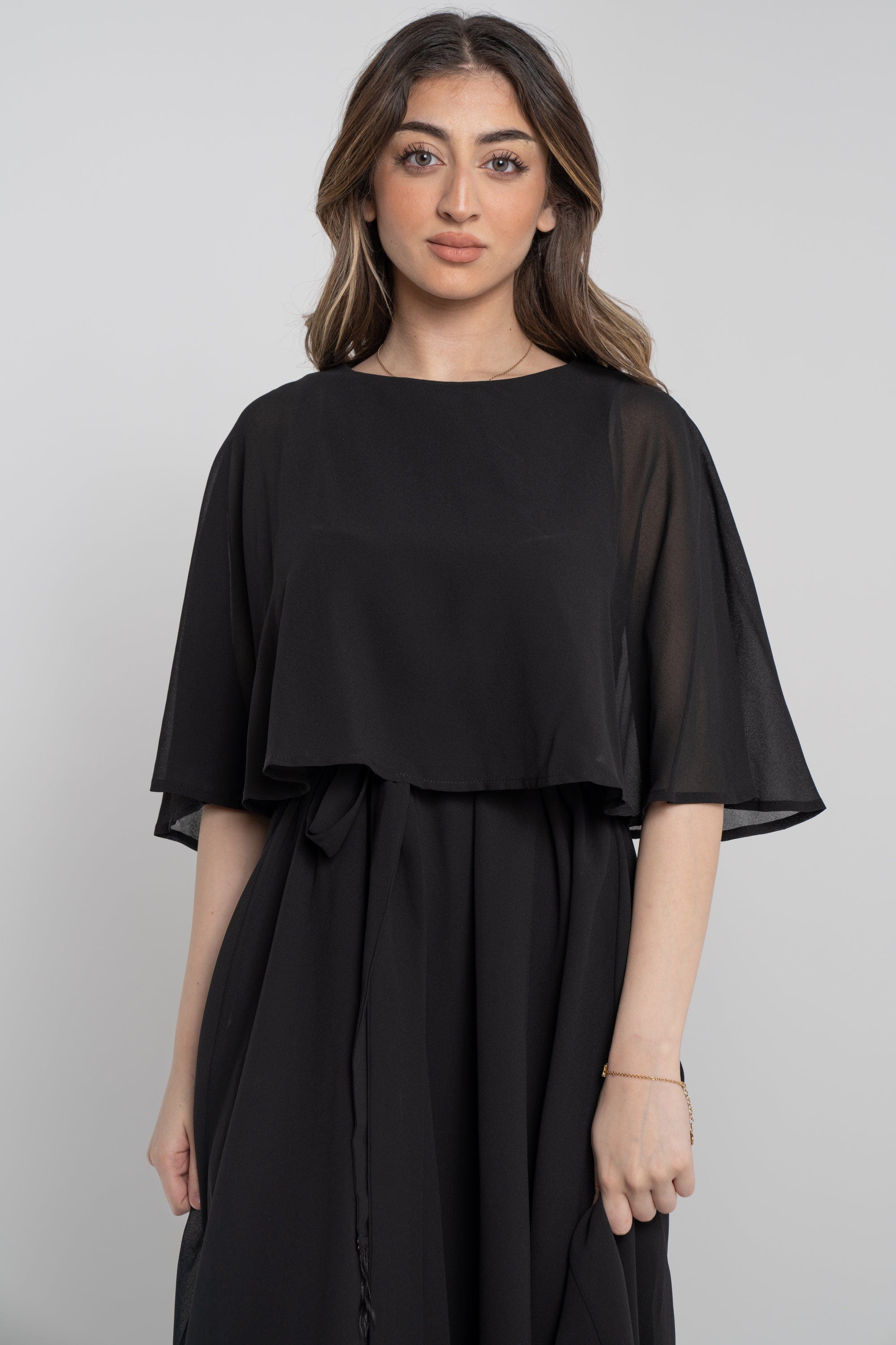 نتشي فستان طويل نص كم برباط على الخصر نسائي