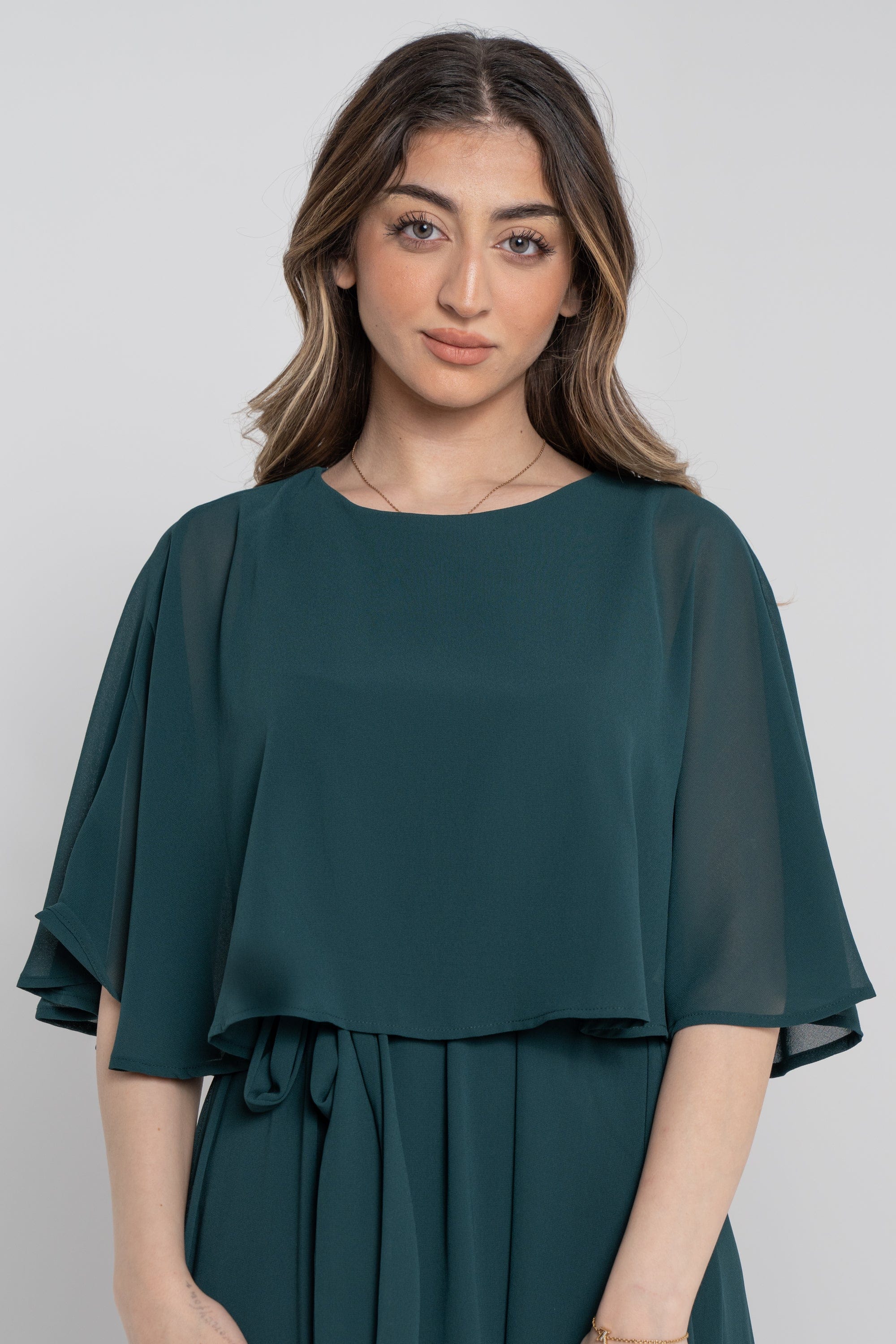 نتشي فستان طويل نص كم برباط على الخصر نسائي