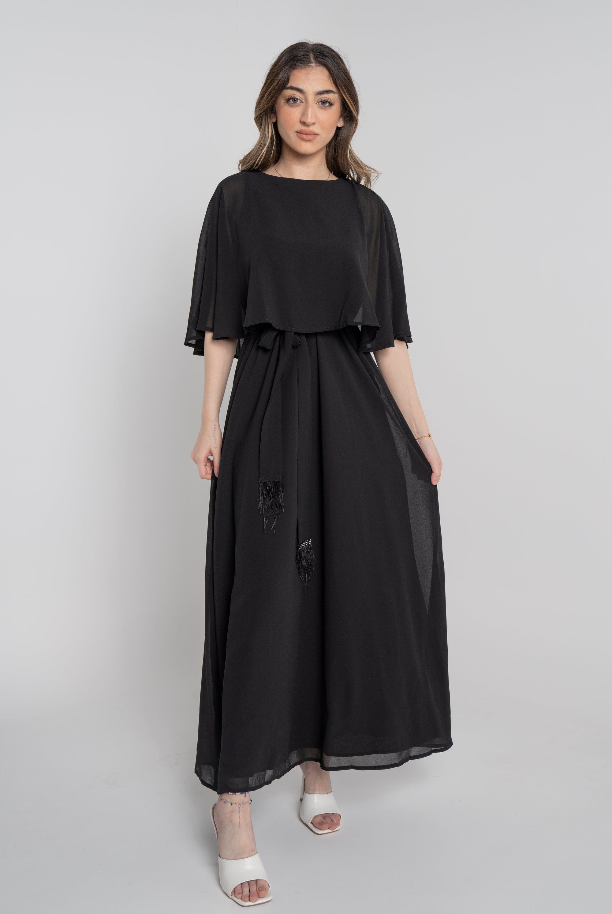 نتشي فستان طويل نص كم برباط على الخصر نسائي