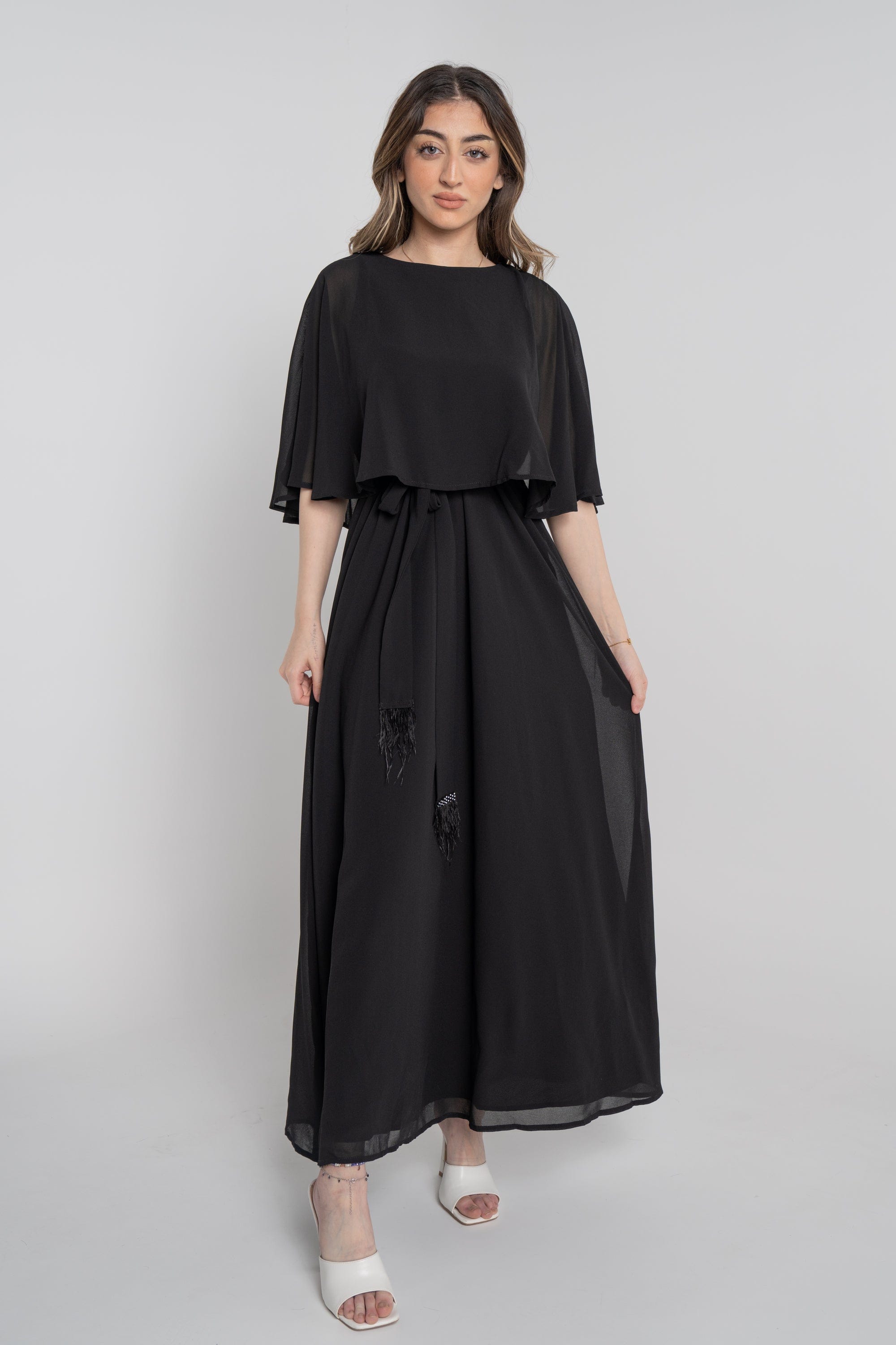 نتشي فستان طويل نص كم برباط على الخصر نسائي