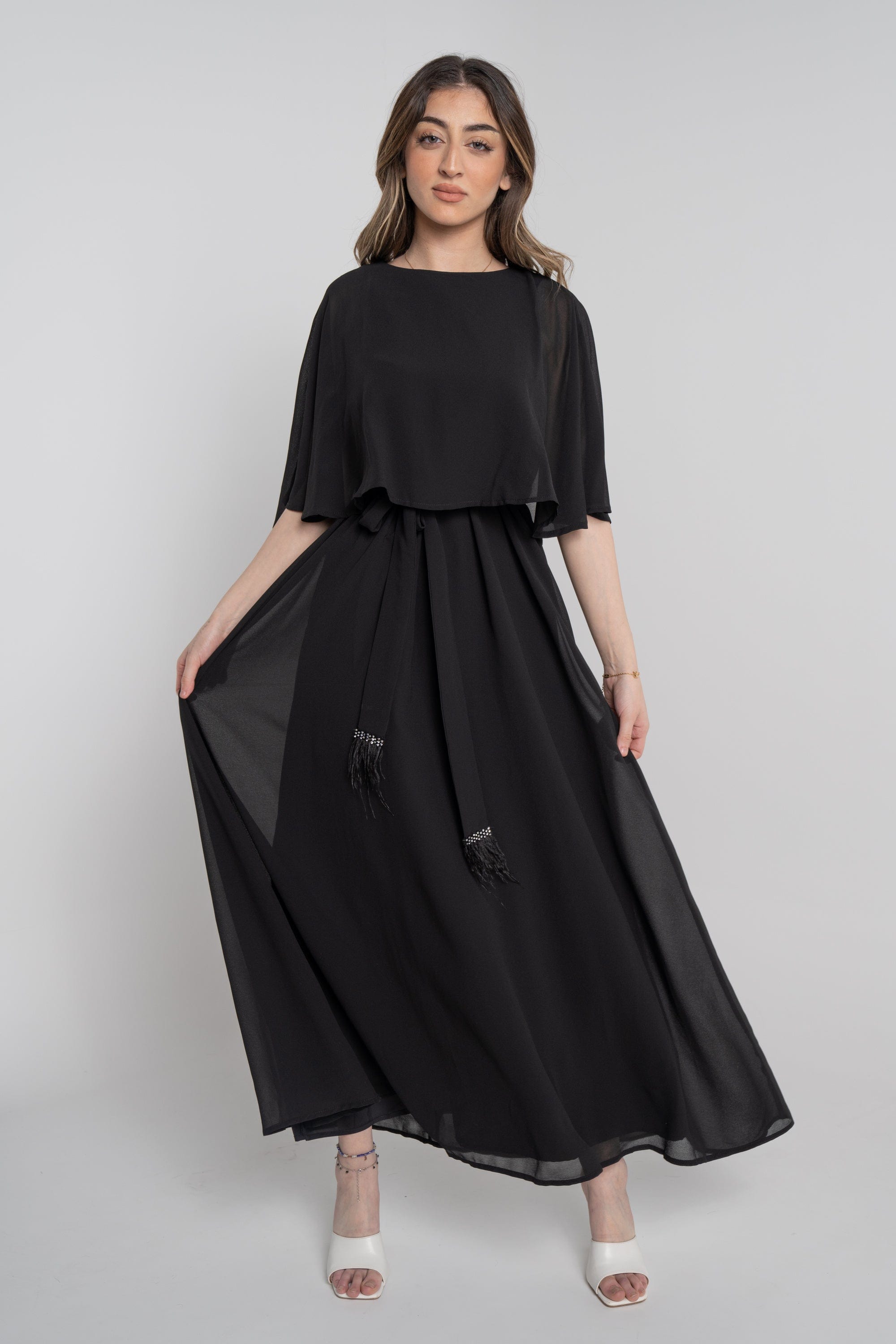 نتشي فستان طويل نص كم برباط على الخصر نسائي