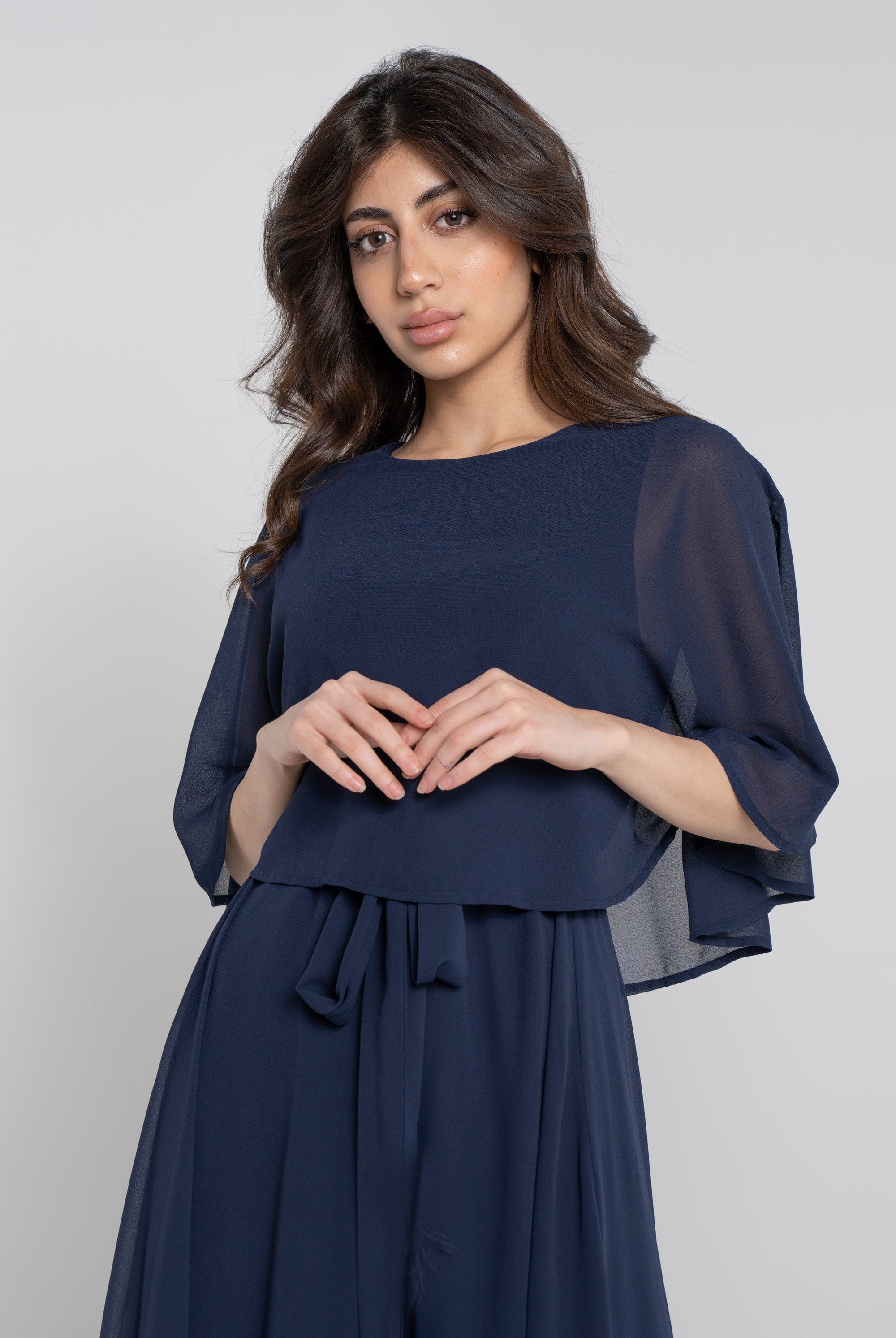 نتشي فستان طويل نص كم برباط على الخصر نسائي