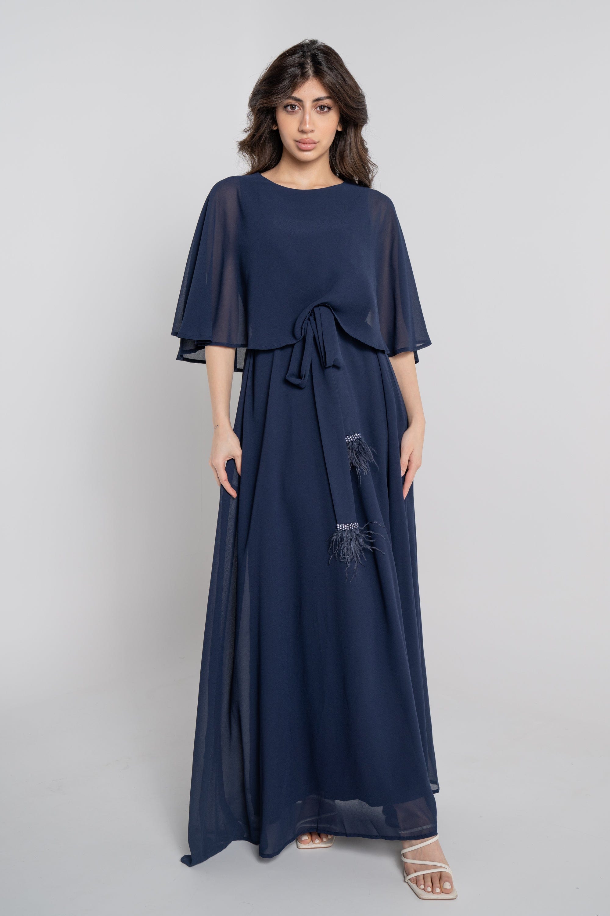 نتشي فستان طويل نص كم برباط على الخصر نسائي