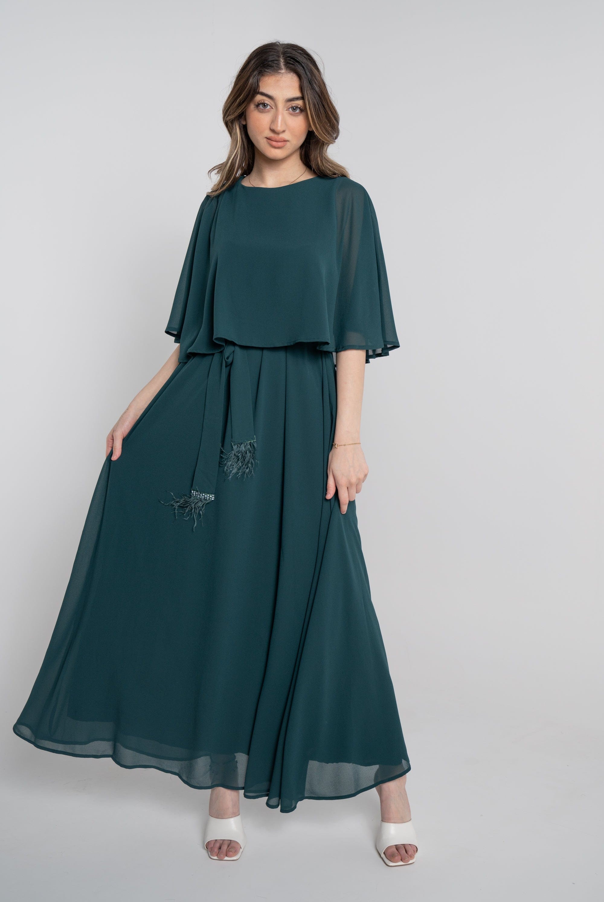 نتشي فستان طويل نص كم برباط على الخصر نسائي