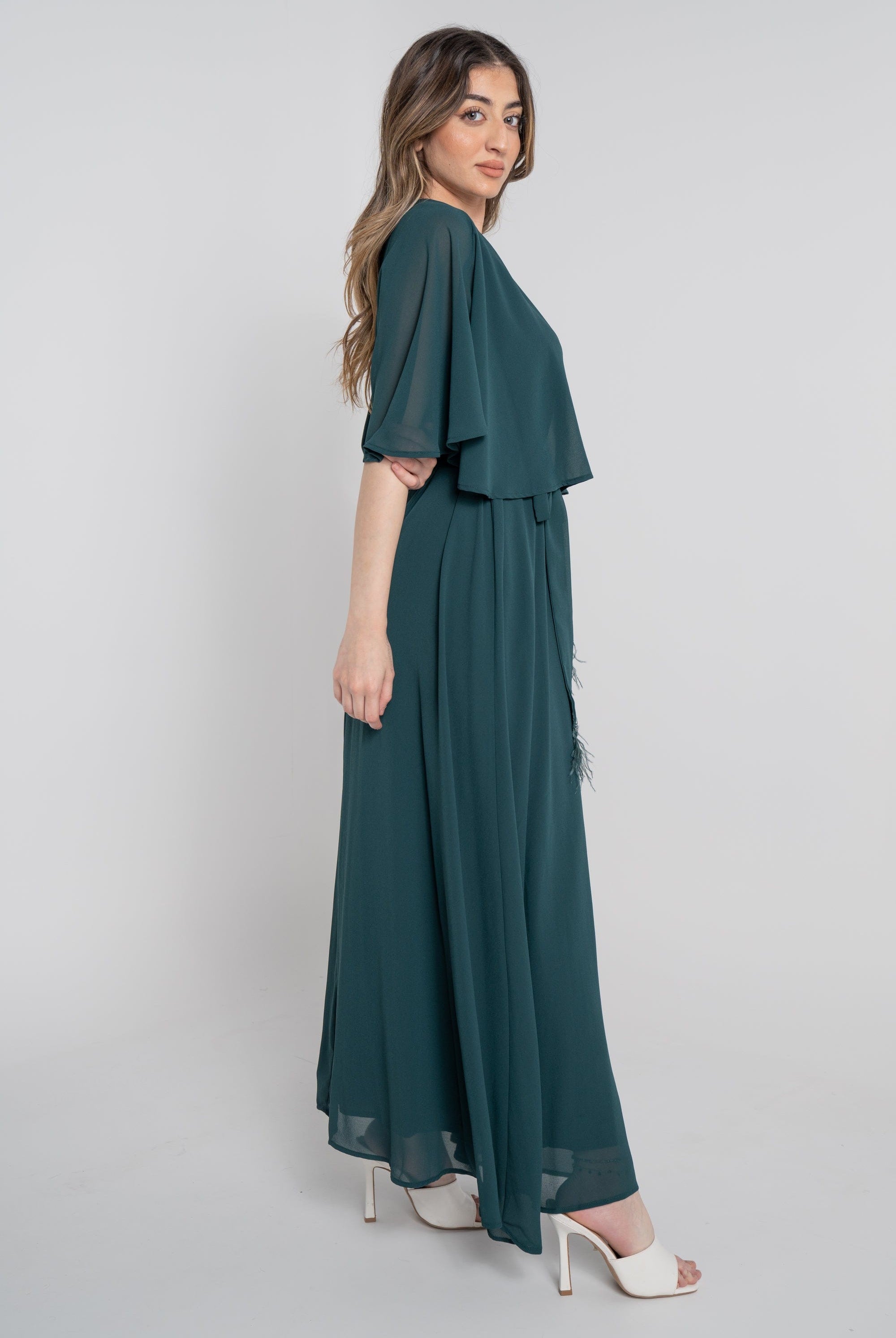 نتشي فستان طويل نص كم برباط على الخصر نسائي