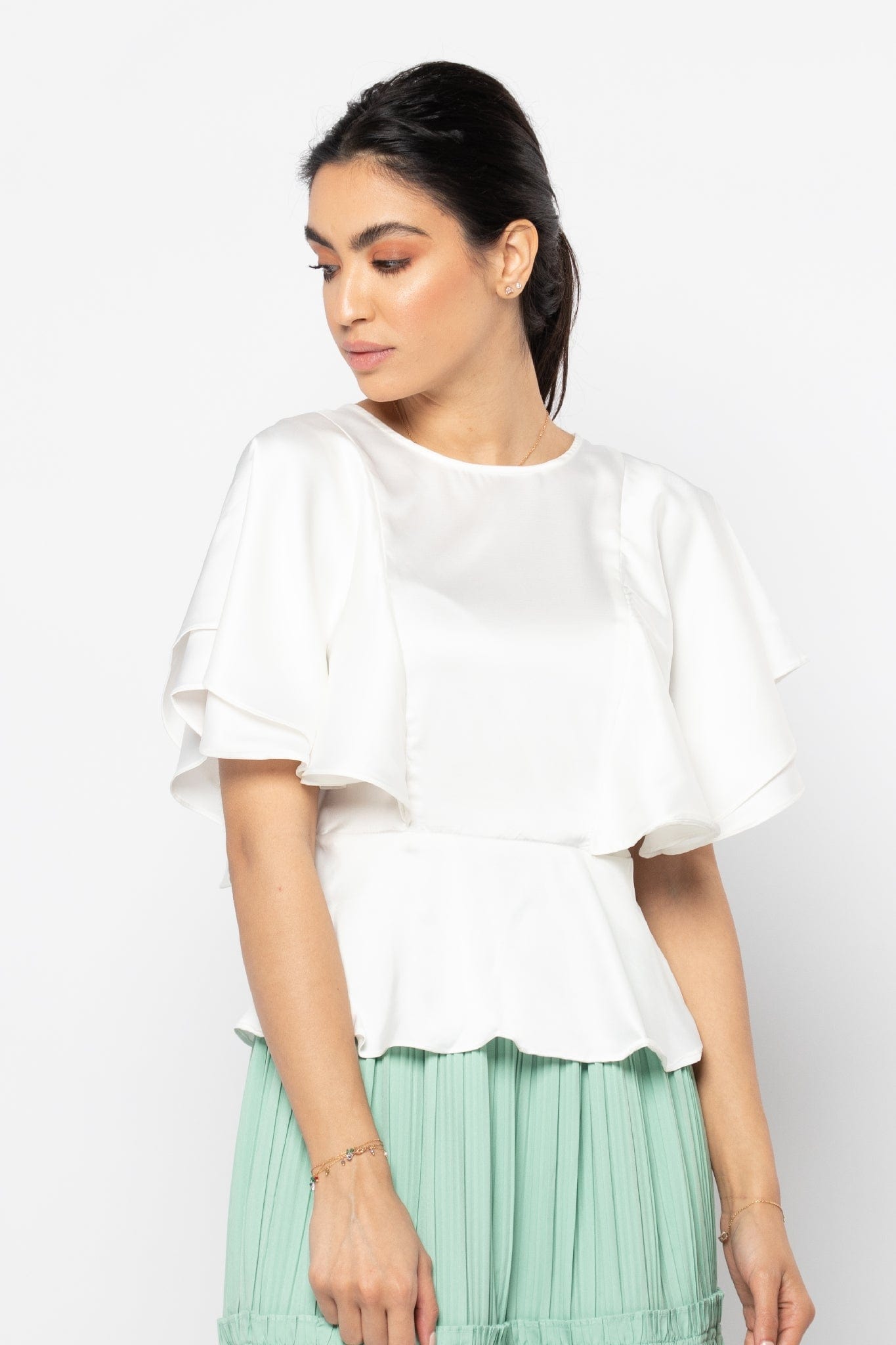 نتشي بلوزة ستان فراشة كم مكشكش طبقات طويل نسائي