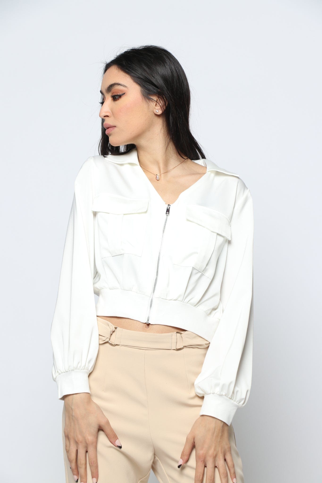 نتشي بلوزة نص بطن مخصر بسحاب كم طويل نسائي