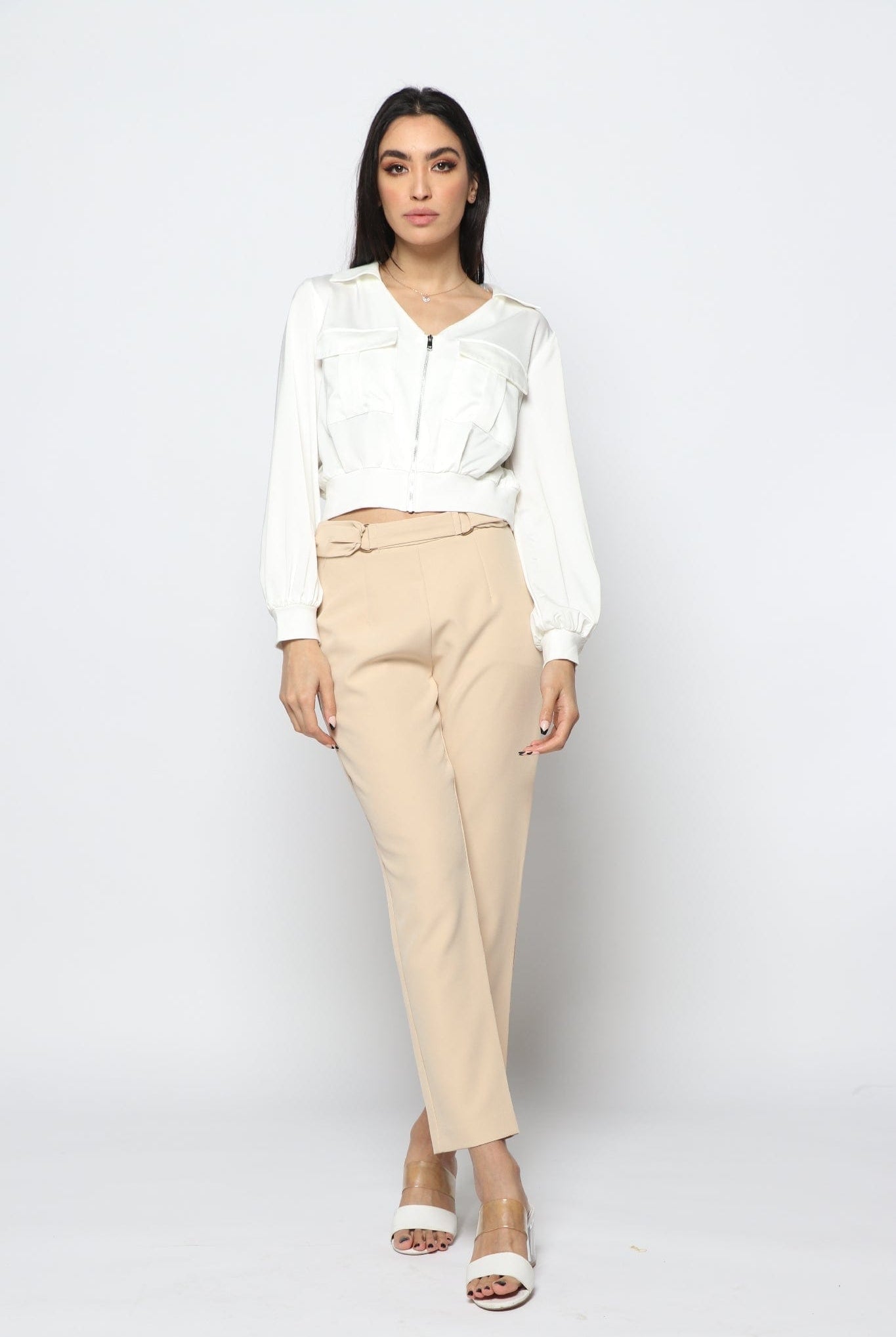 نتشي بلوزة نص بطن مخصر بسحاب كم طويل نسائي