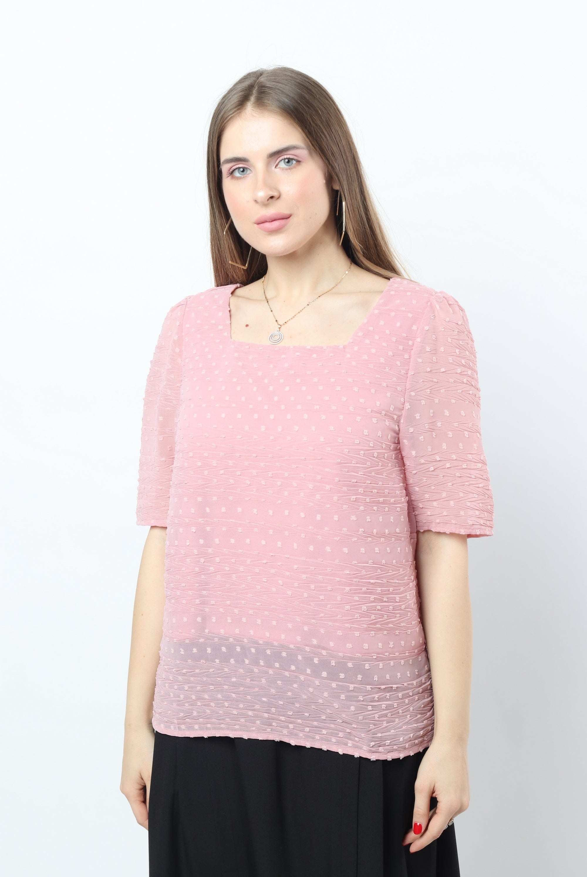 نتشي بلوزة شيفون سادة مبطنة نص كم نسائي