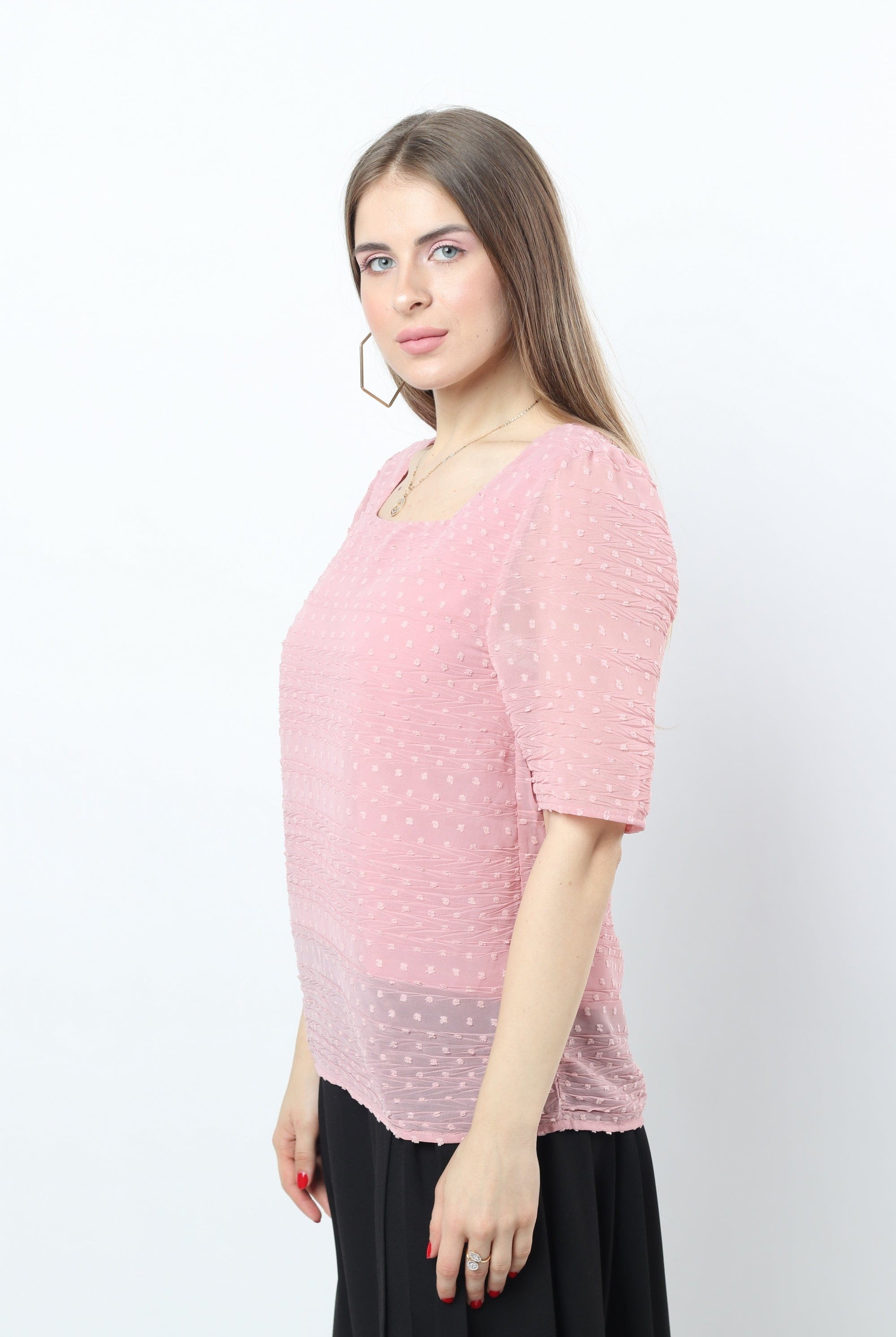 نتشي بلوزة شيفون سادة مبطنة نص كم نسائي