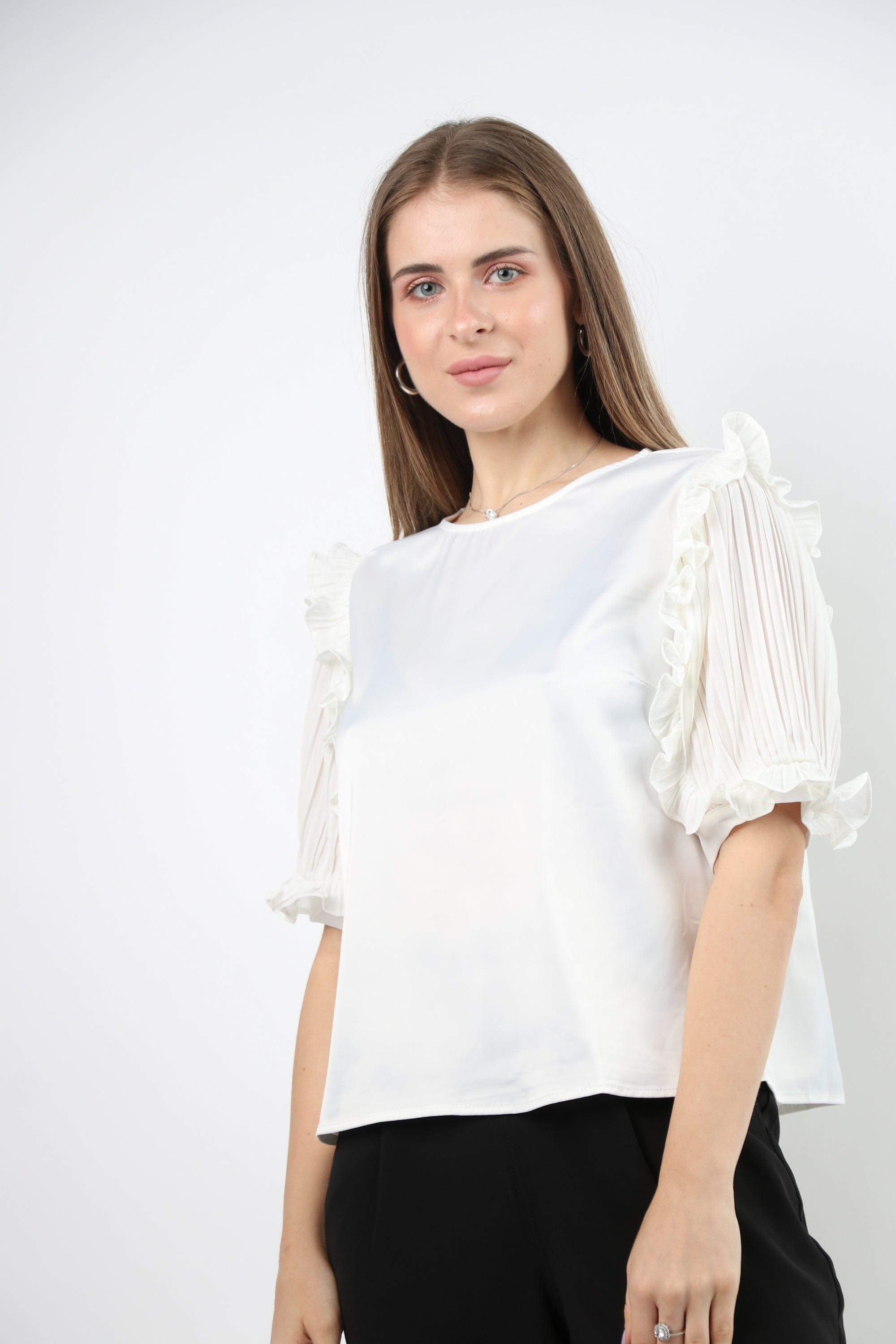 نتشي بلوزة رسمية حرير بأكمام قصيرة شيفون نسائي