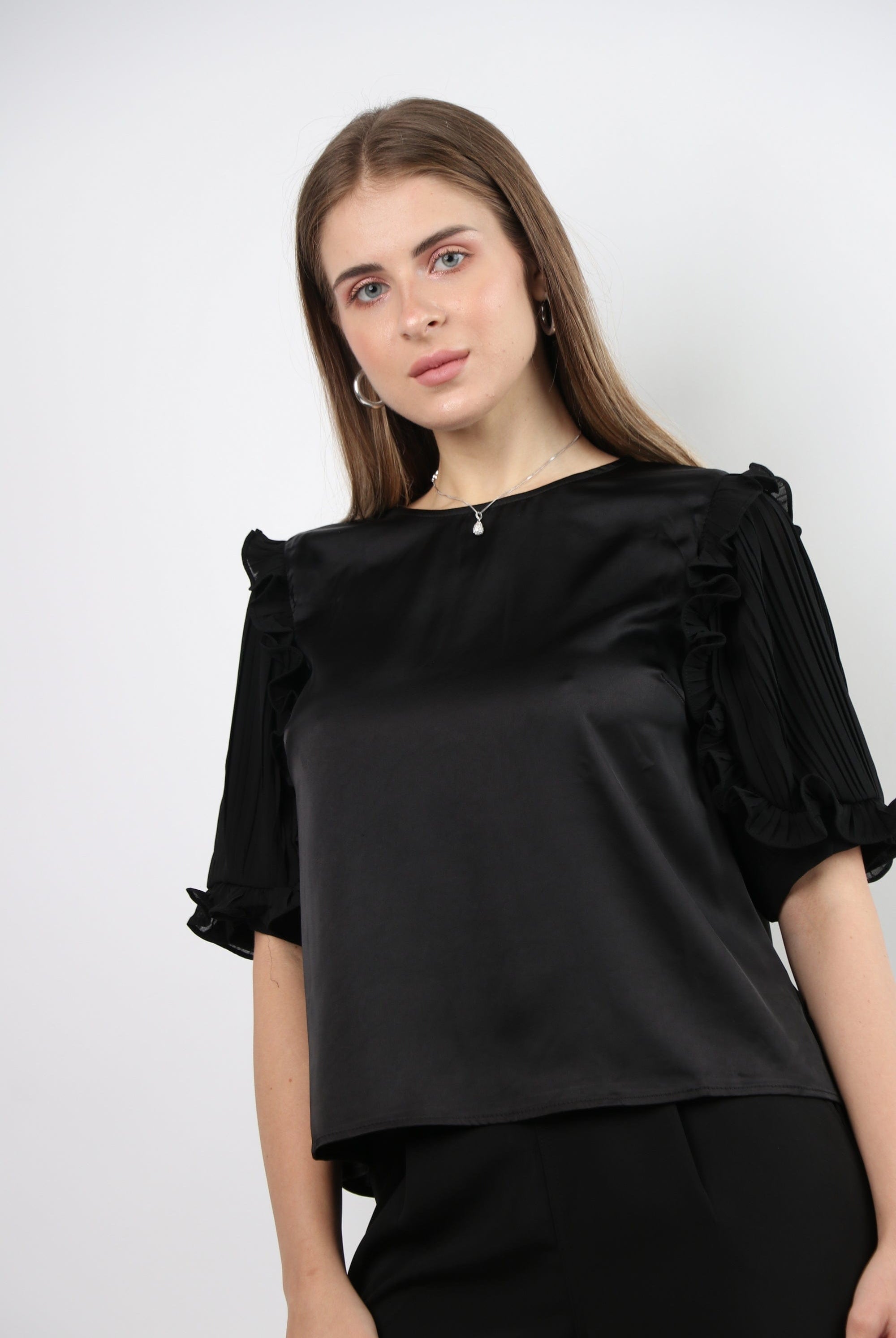 نتشي بلوزة رسمية حرير بأكمام قصيرة شيفون نسائي