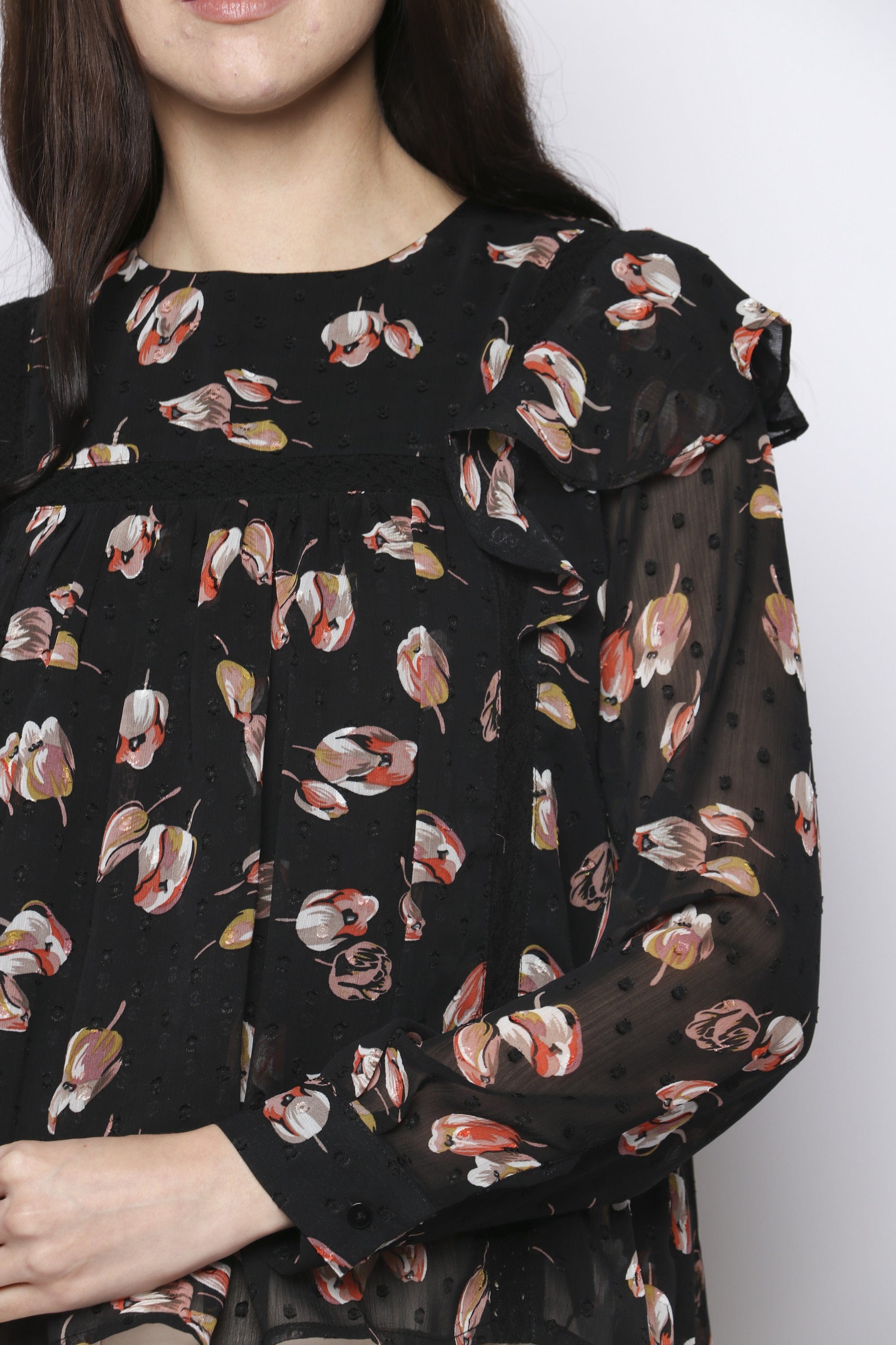 نتشي بلوزة مشجرة مزينة بطبعات من الورود نسائي