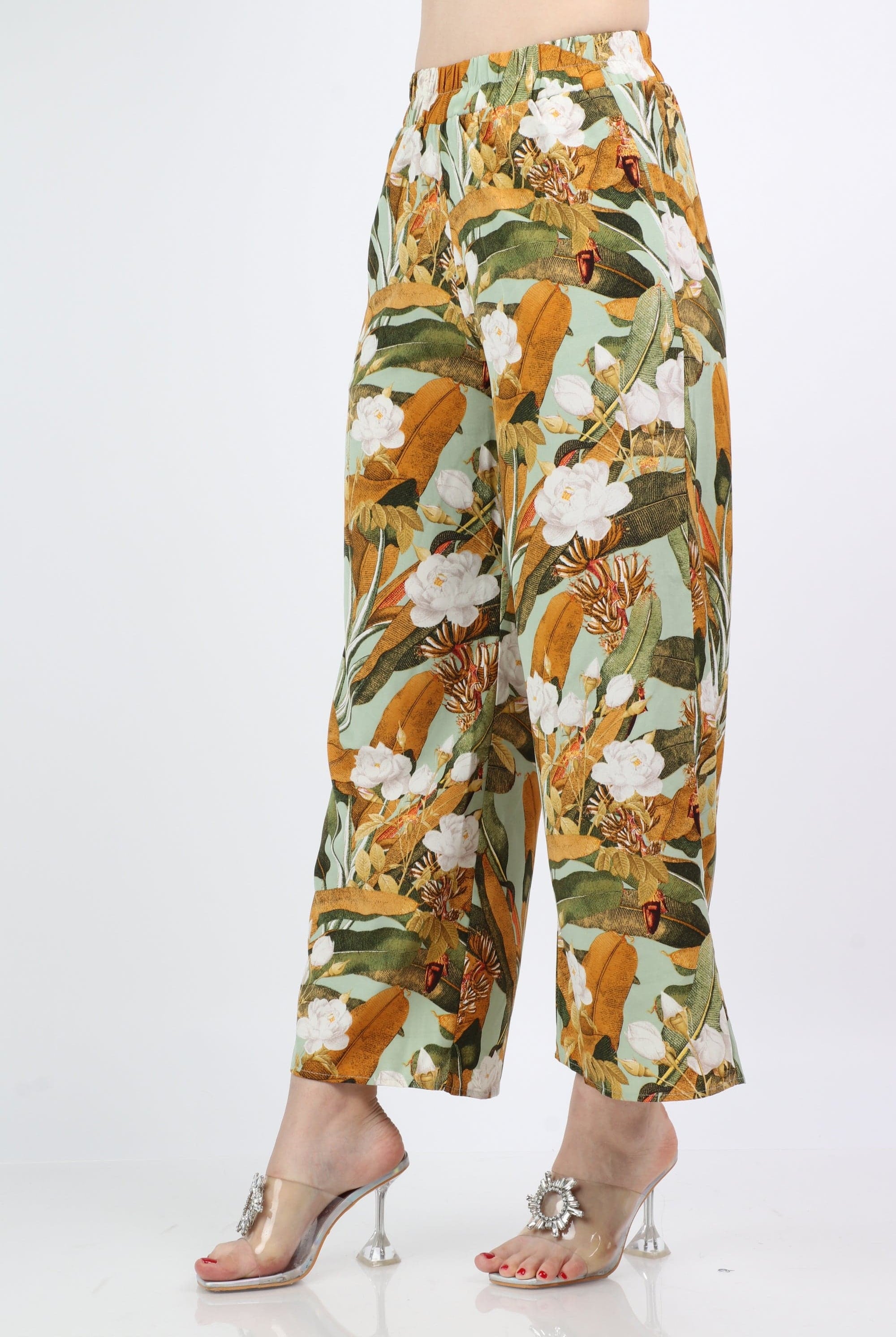 نتشي بنطلون مشجر هاي ويست واسع طويل نسائي