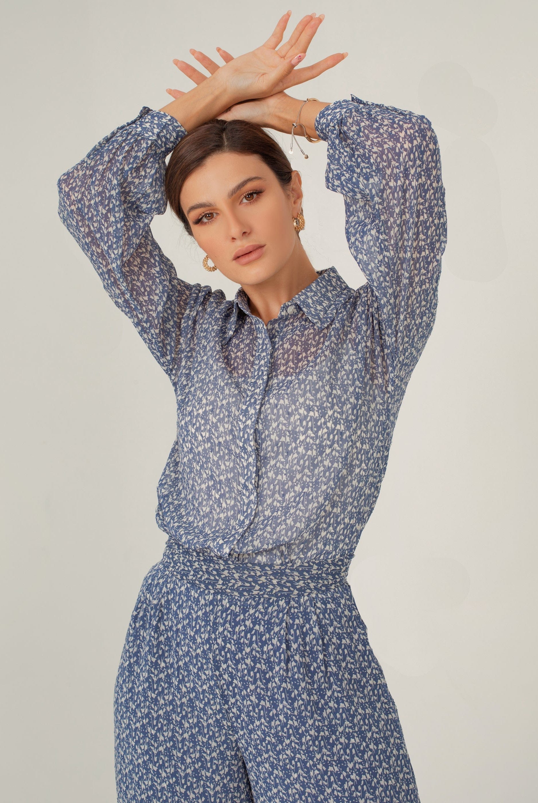 نتشي قميص منقوش مورد كم طويل نسائي