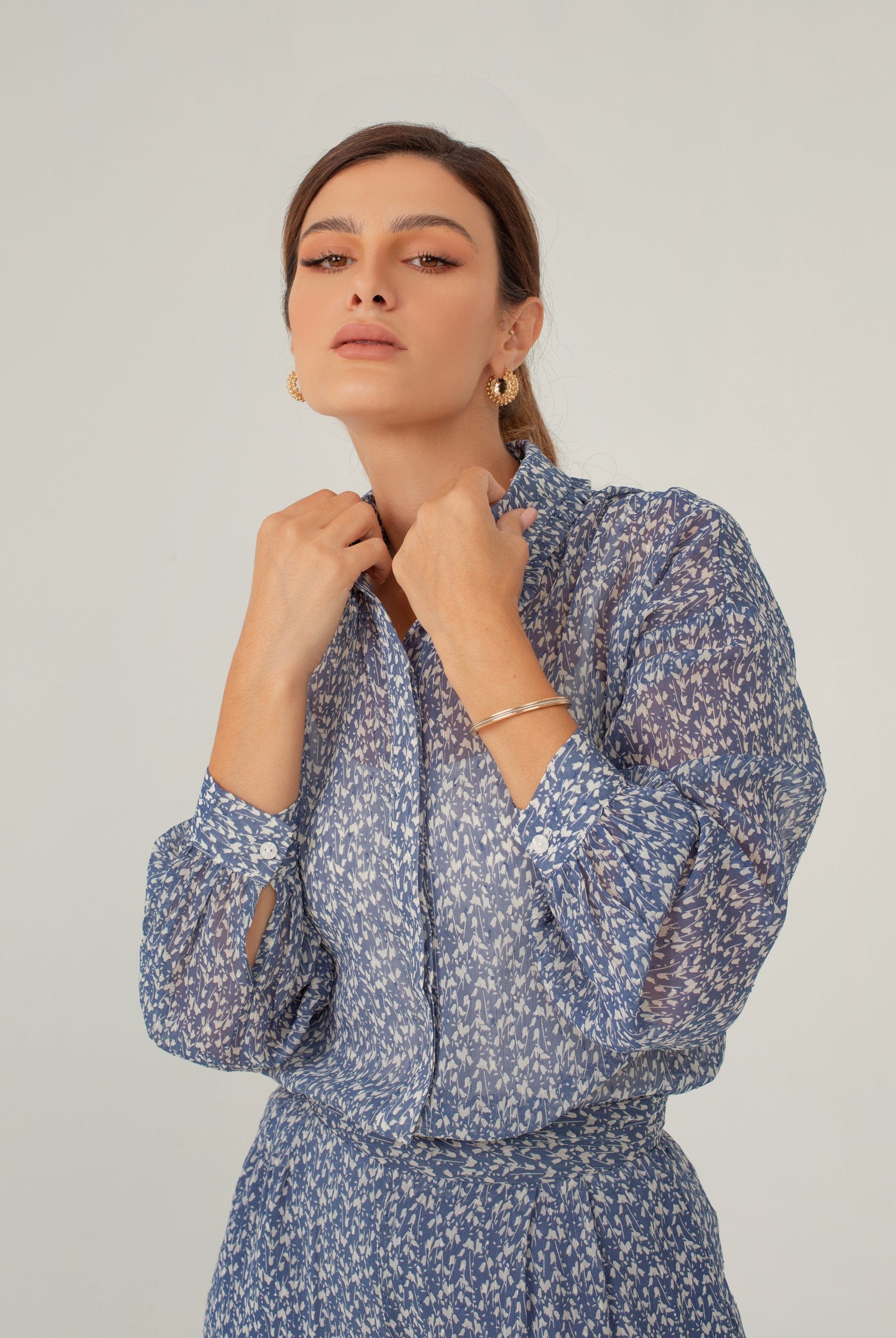 نتشي قميص منقوش مورد كم طويل نسائي