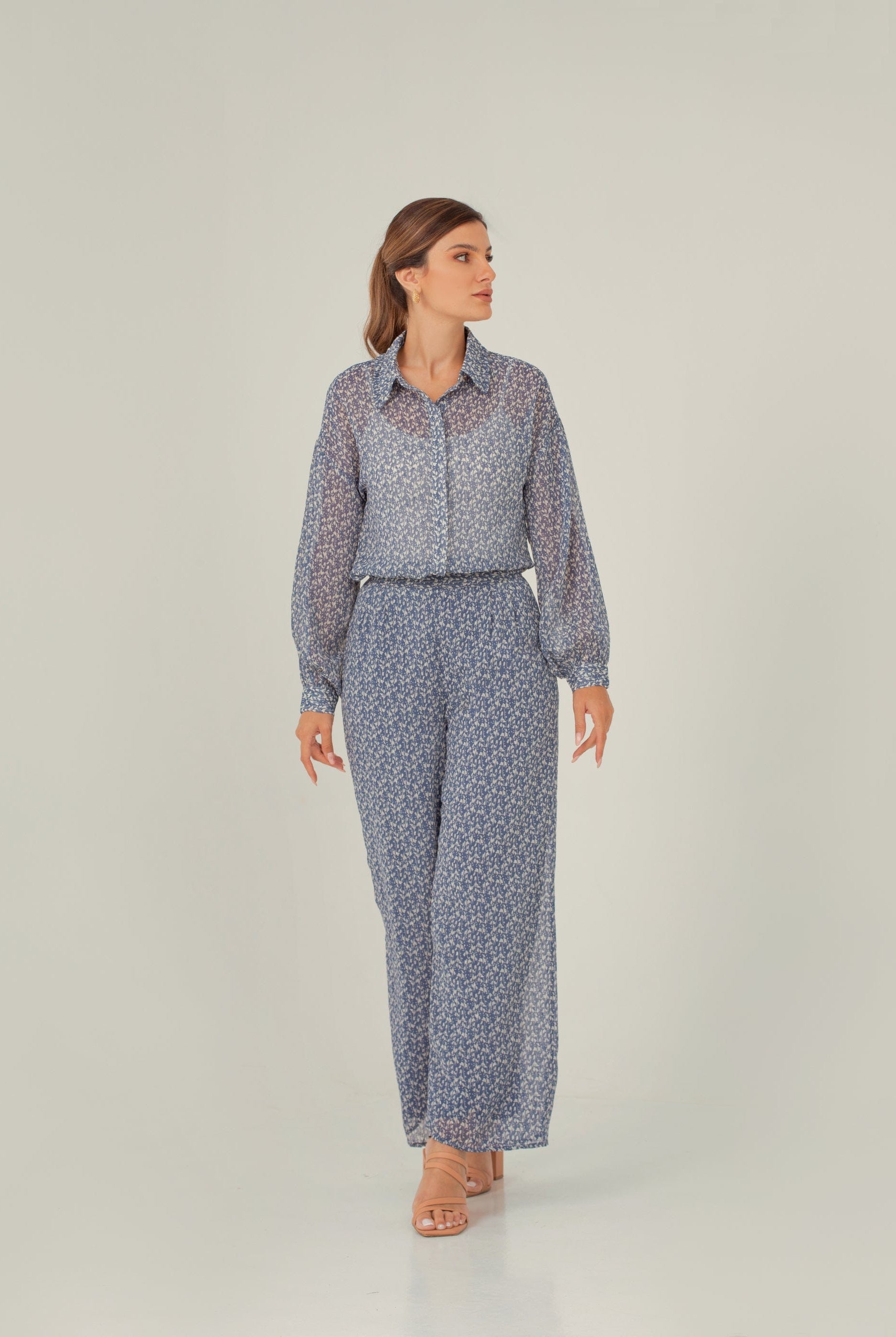 نتشي قميص منقوش مورد كم طويل نسائي