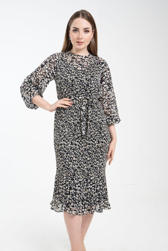 نتشي فستان ميدي مشجر بأكمام طويلة مخصر