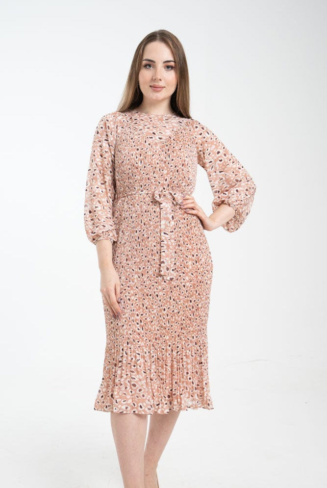 نتشي فستان ميدي مشجر بأكمام طويلة مخصر