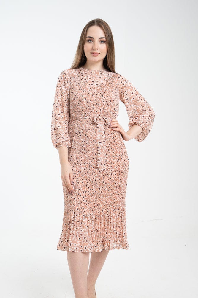 نتشي فستان ميدي مشجر بأكمام طويلة مخصر