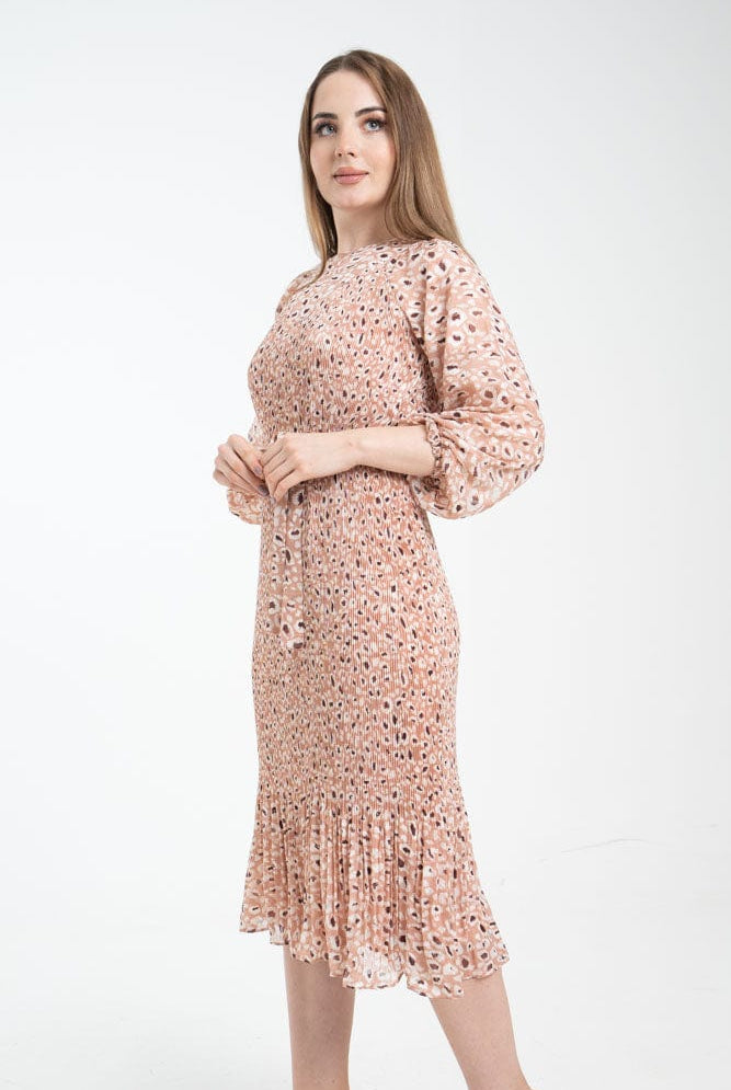 نتشي فستان ميدي مشجر بأكمام طويلة مخصر