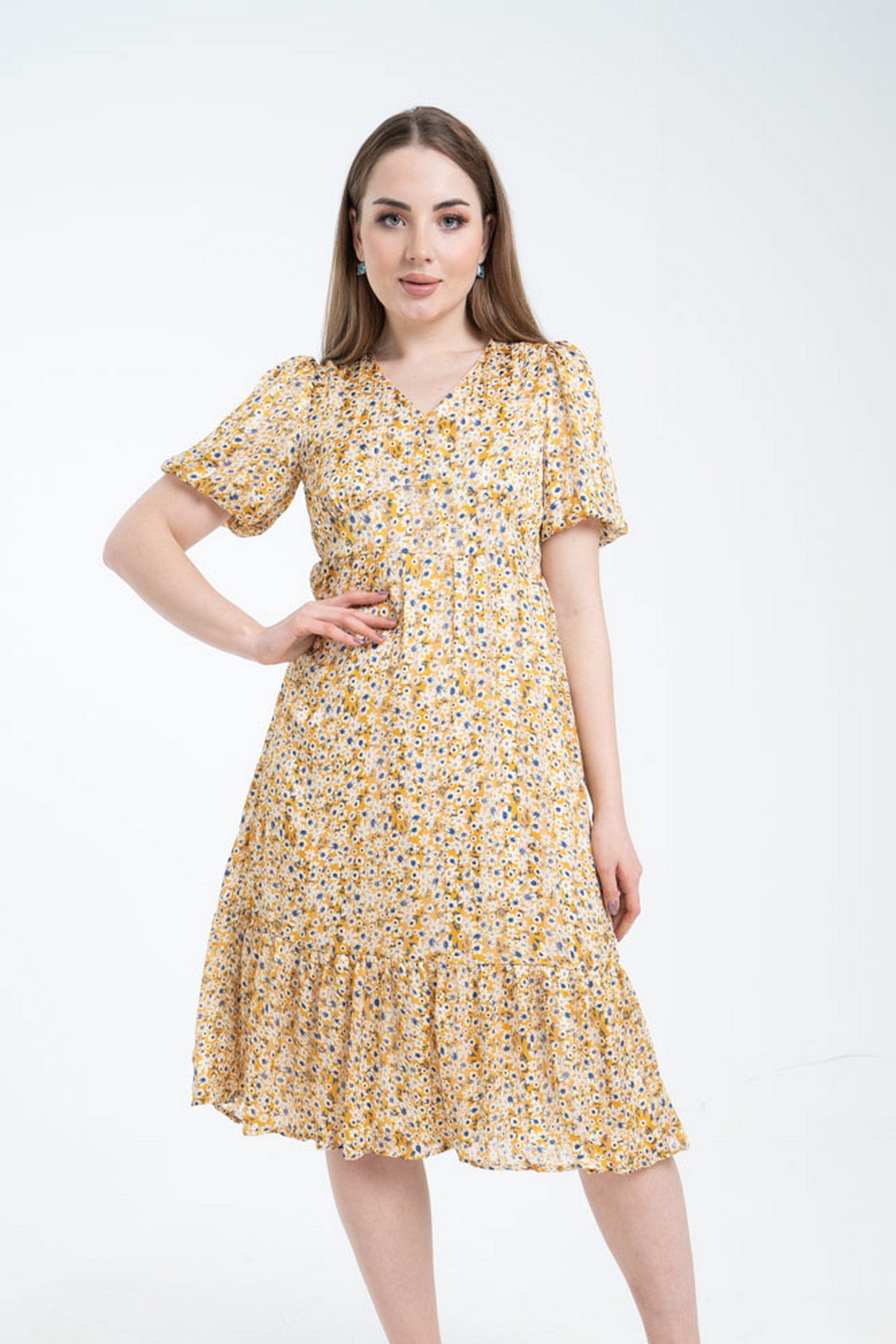 نتشي فستان ميدي بأكمام قصيرة منفوخة بفتحة رقبة سبعة