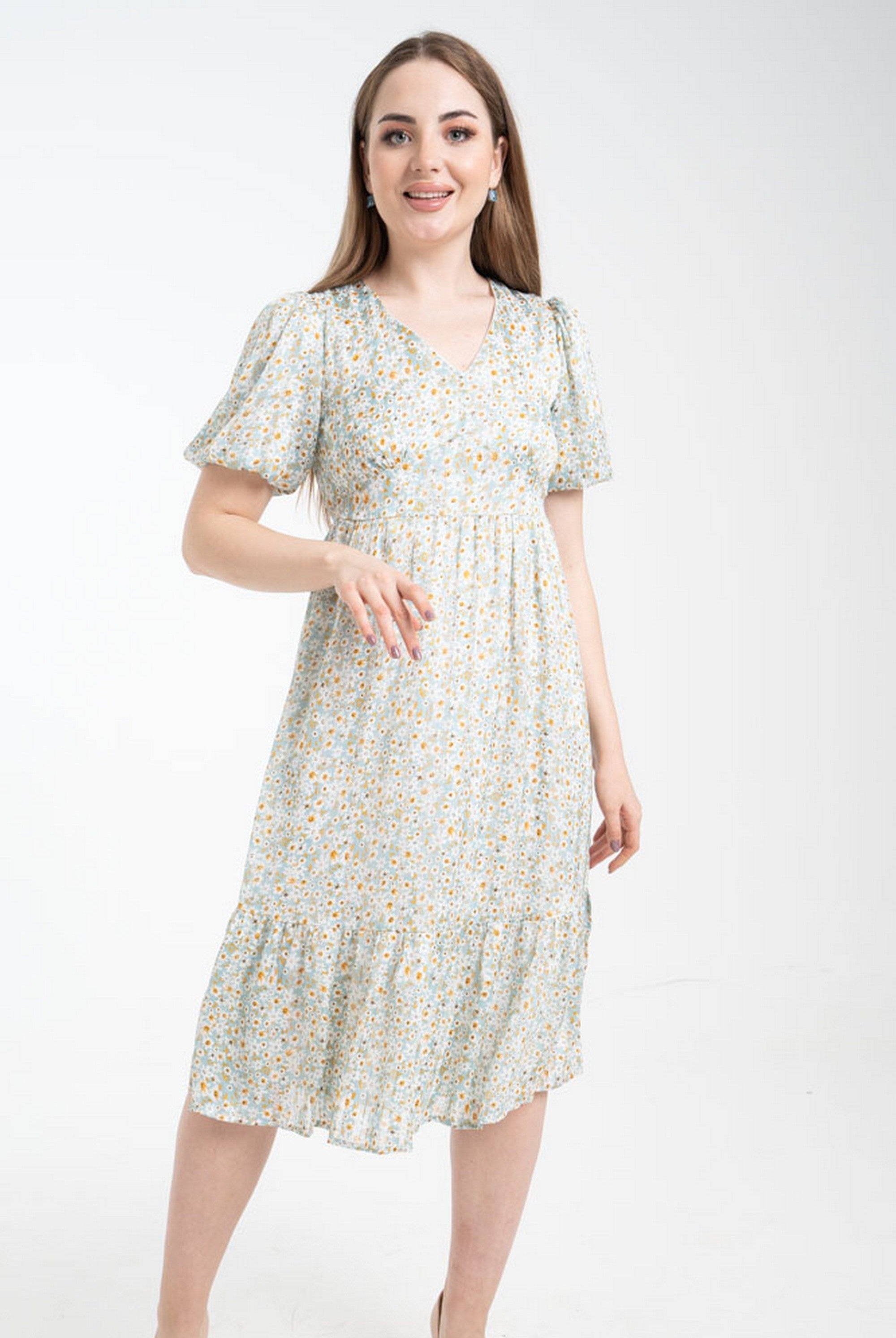 نتشي فستان ميدي بأكمام قصيرة منفوخة بفتحة رقبة سبعة