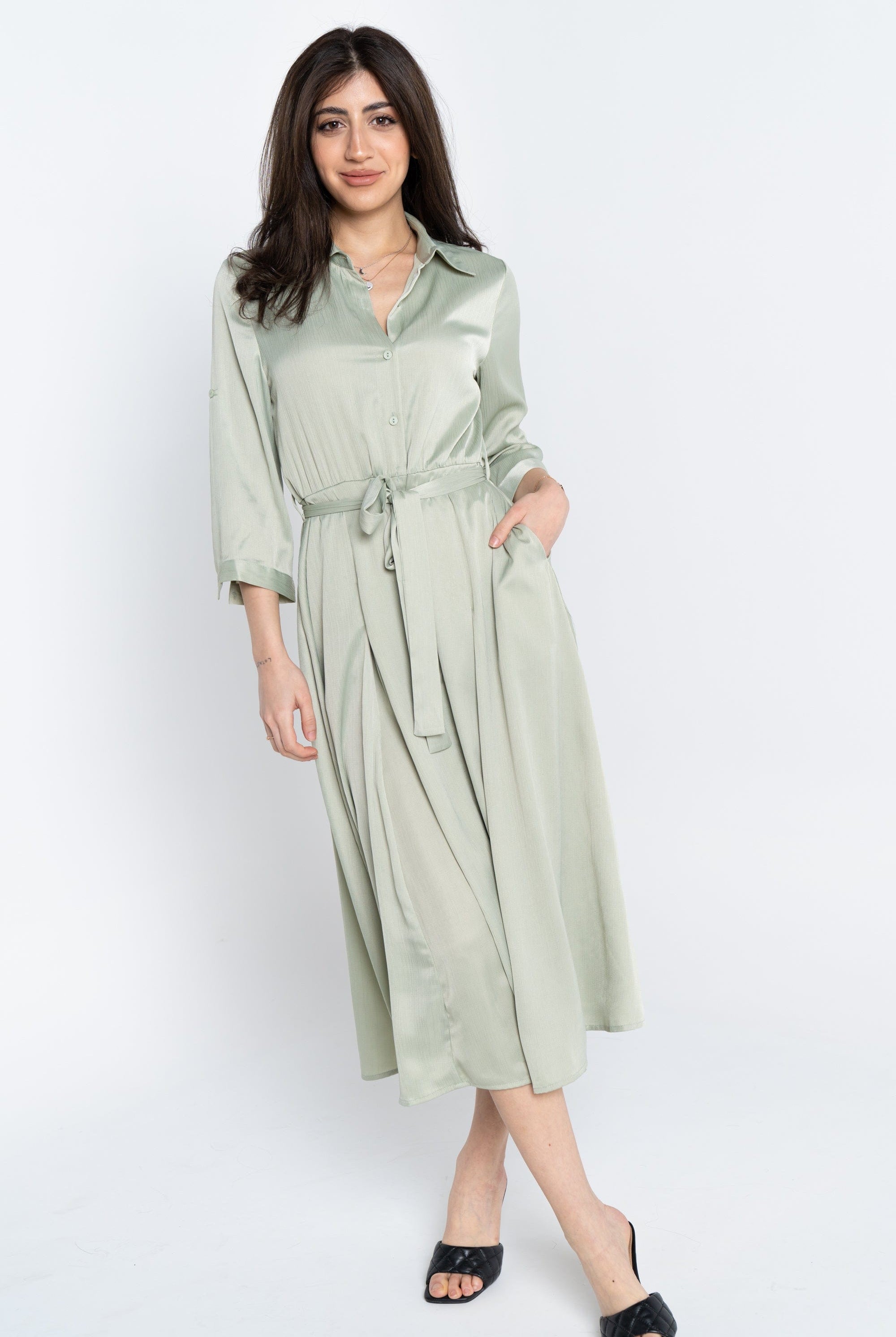 نتشي فستان ميدي نسائي سادة بحزام وأزرار أمامية 3/4 كم