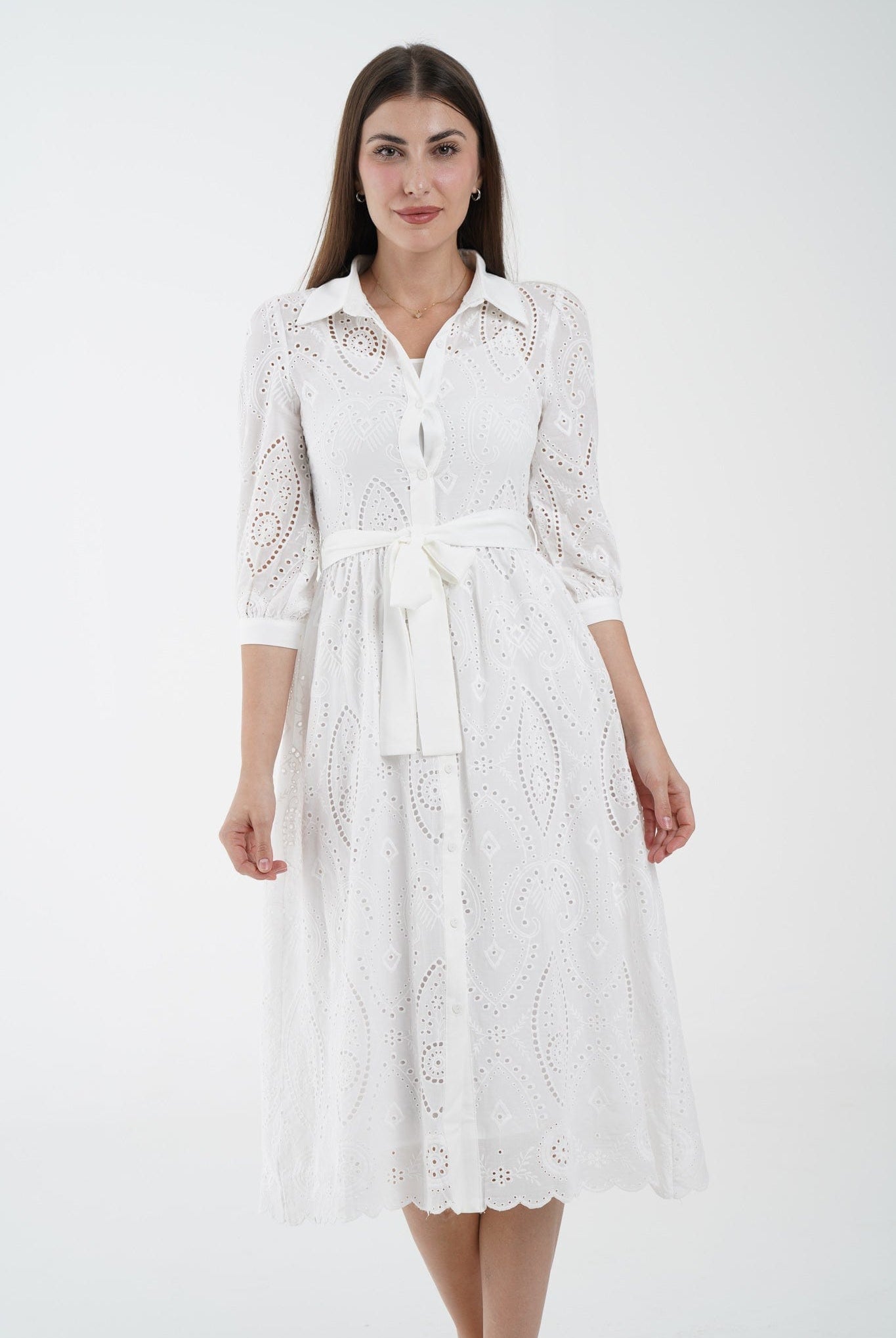 نتشي فستان ميدي نسائي مخرم بحزام على الخصر وأزرار أمامية وياقة 3/4 كم