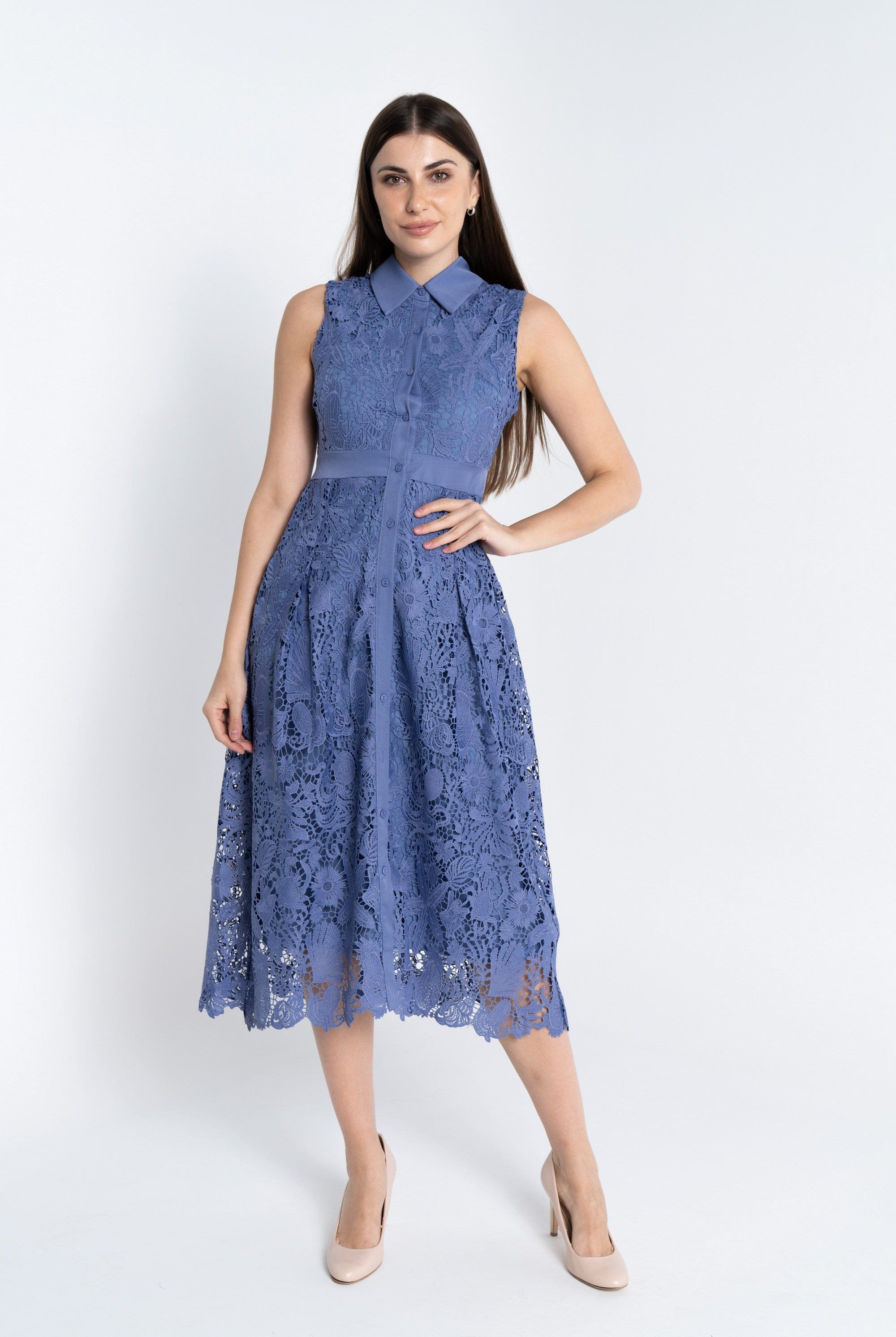 نتشي فستان ميدي مخرم بخط من الوسط وأزرار أمامية كت نسائي