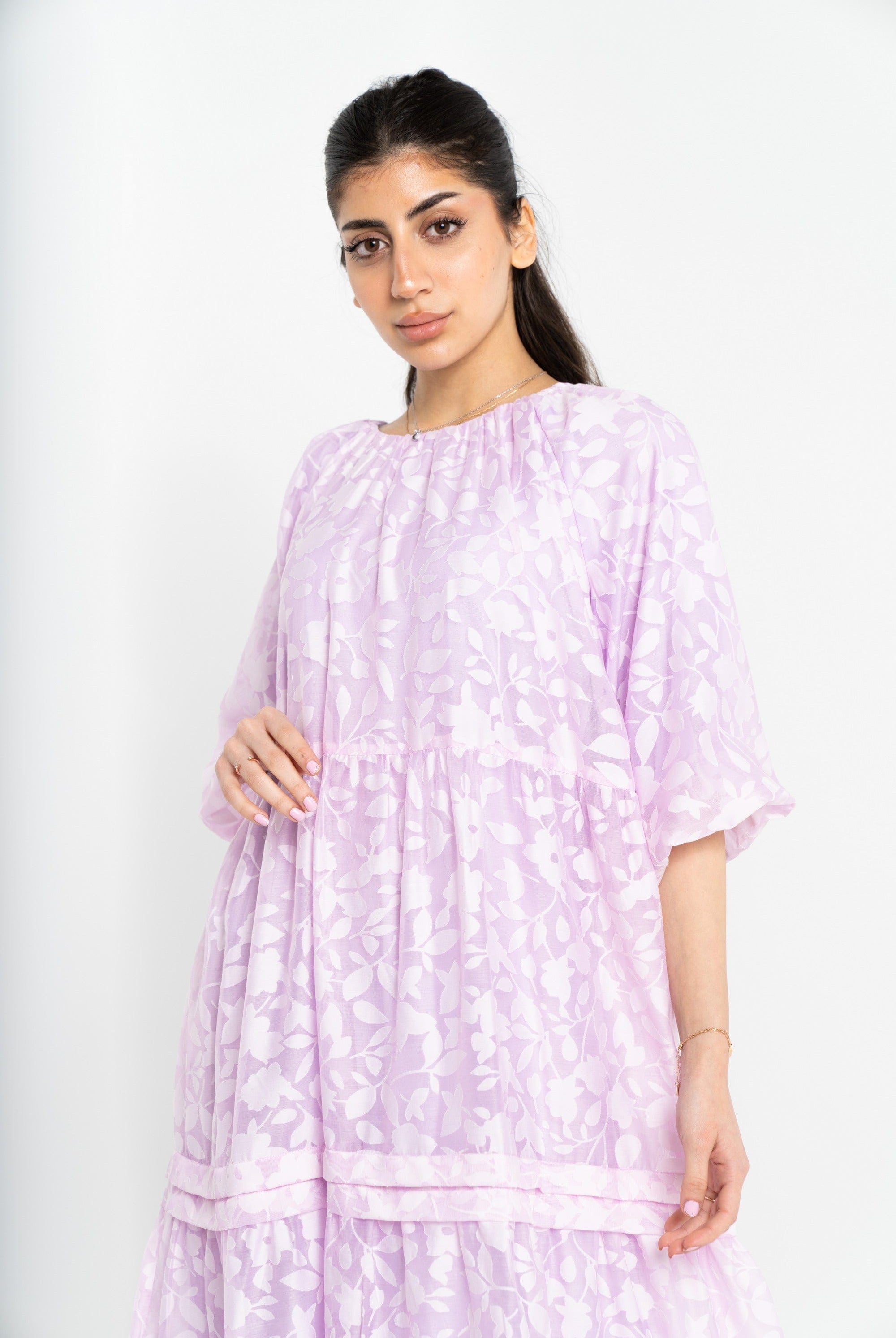 نتشي فستان ميدي مشجر واسع طبقات من أسفل 3/4 كم نسائي