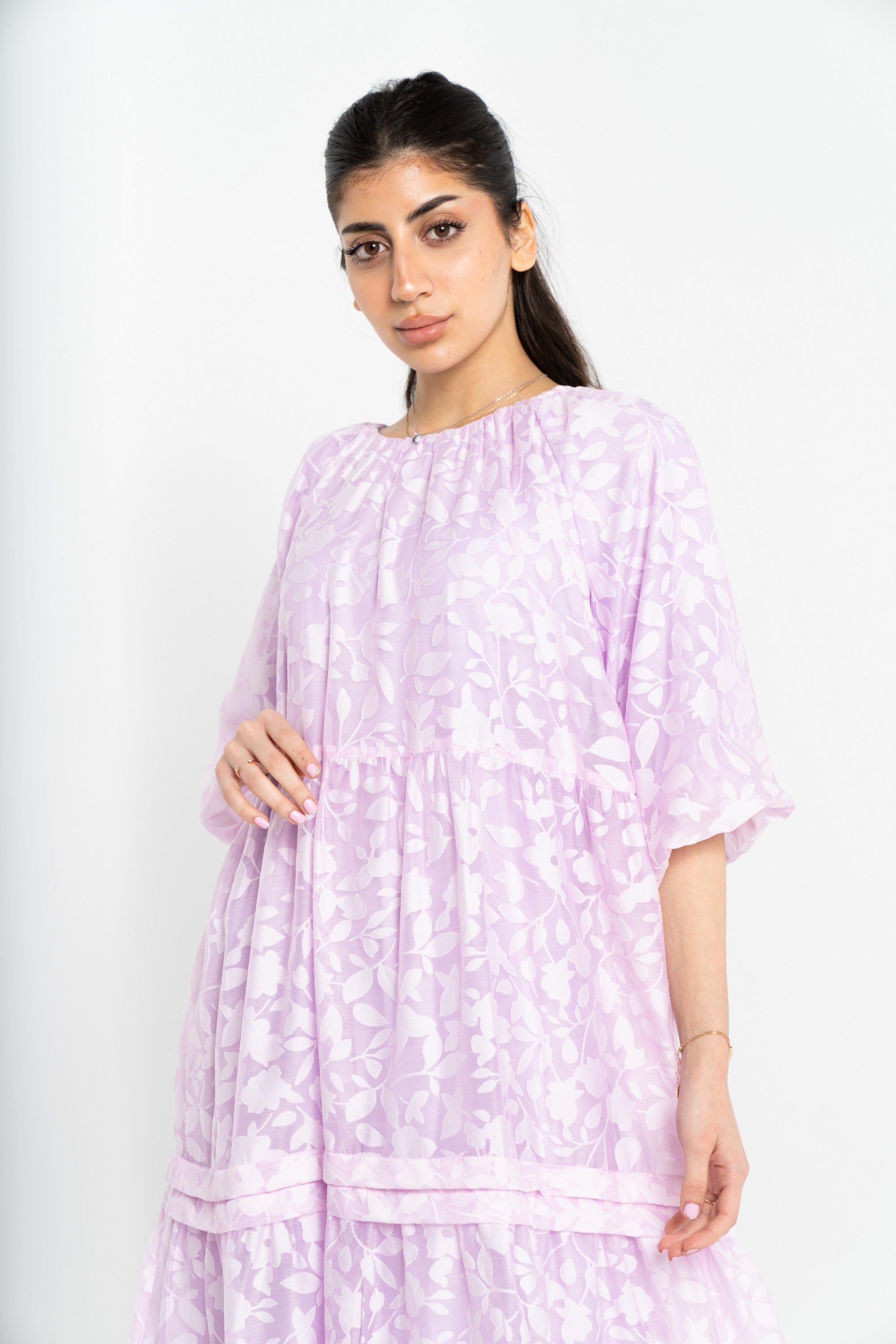 نتشي فستان ميدي مشجر واسع طبقات من أسفل 3/4 كم نسائي