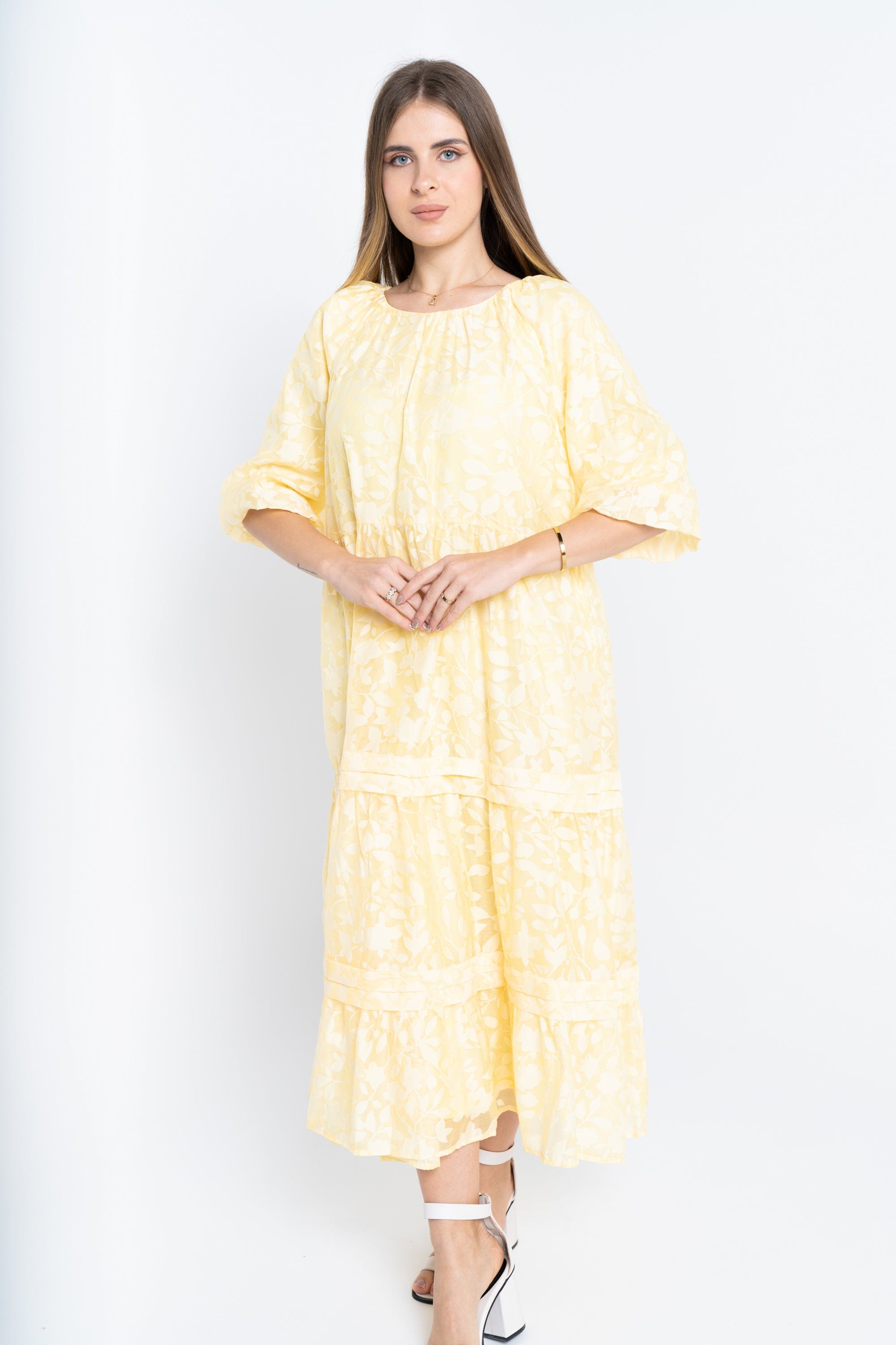 نتشي فستان ميدي مشجر واسع طبقات من أسفل 3/4 كم نسائي