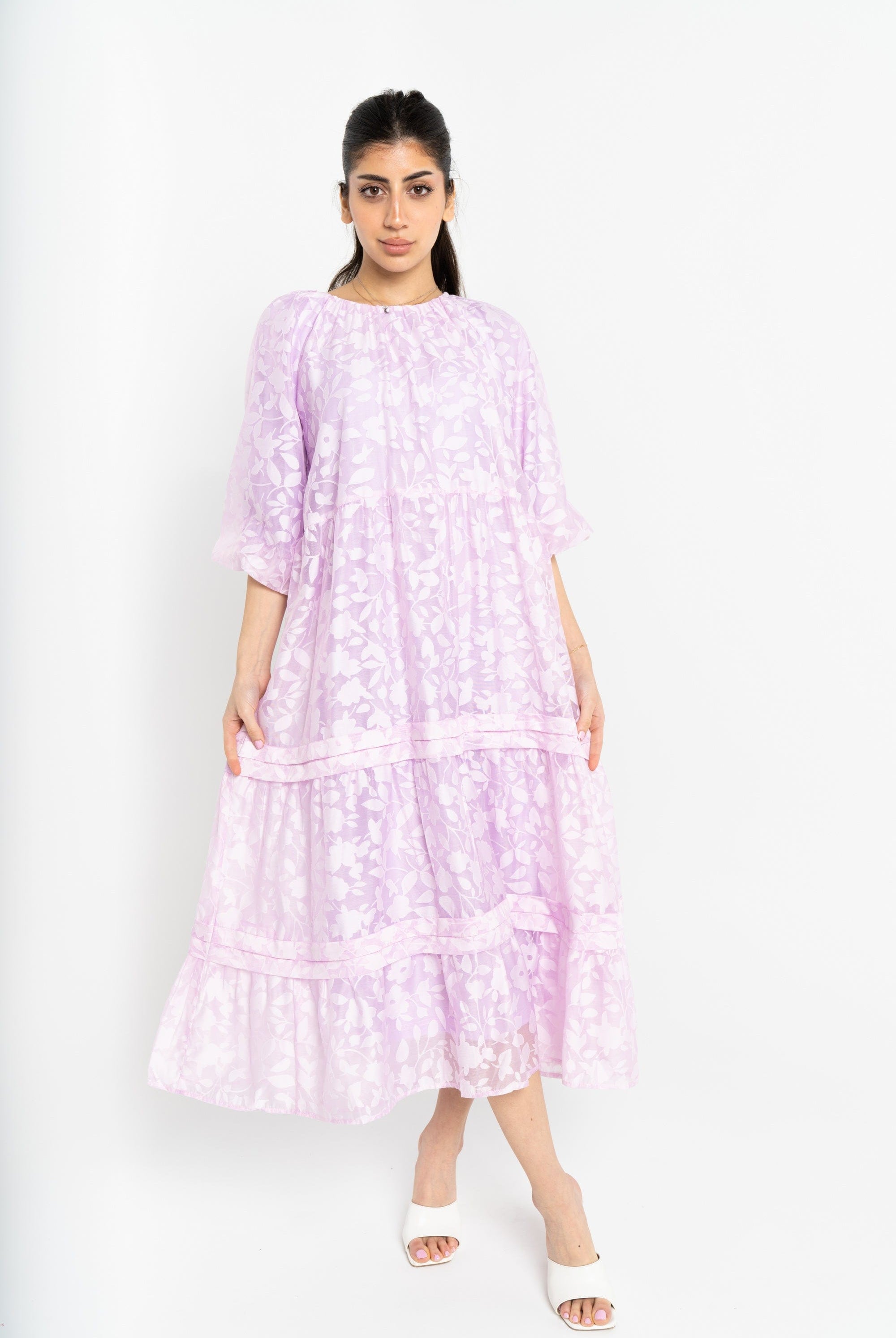 نتشي فستان ميدي مشجر واسع طبقات من أسفل 3/4 كم نسائي