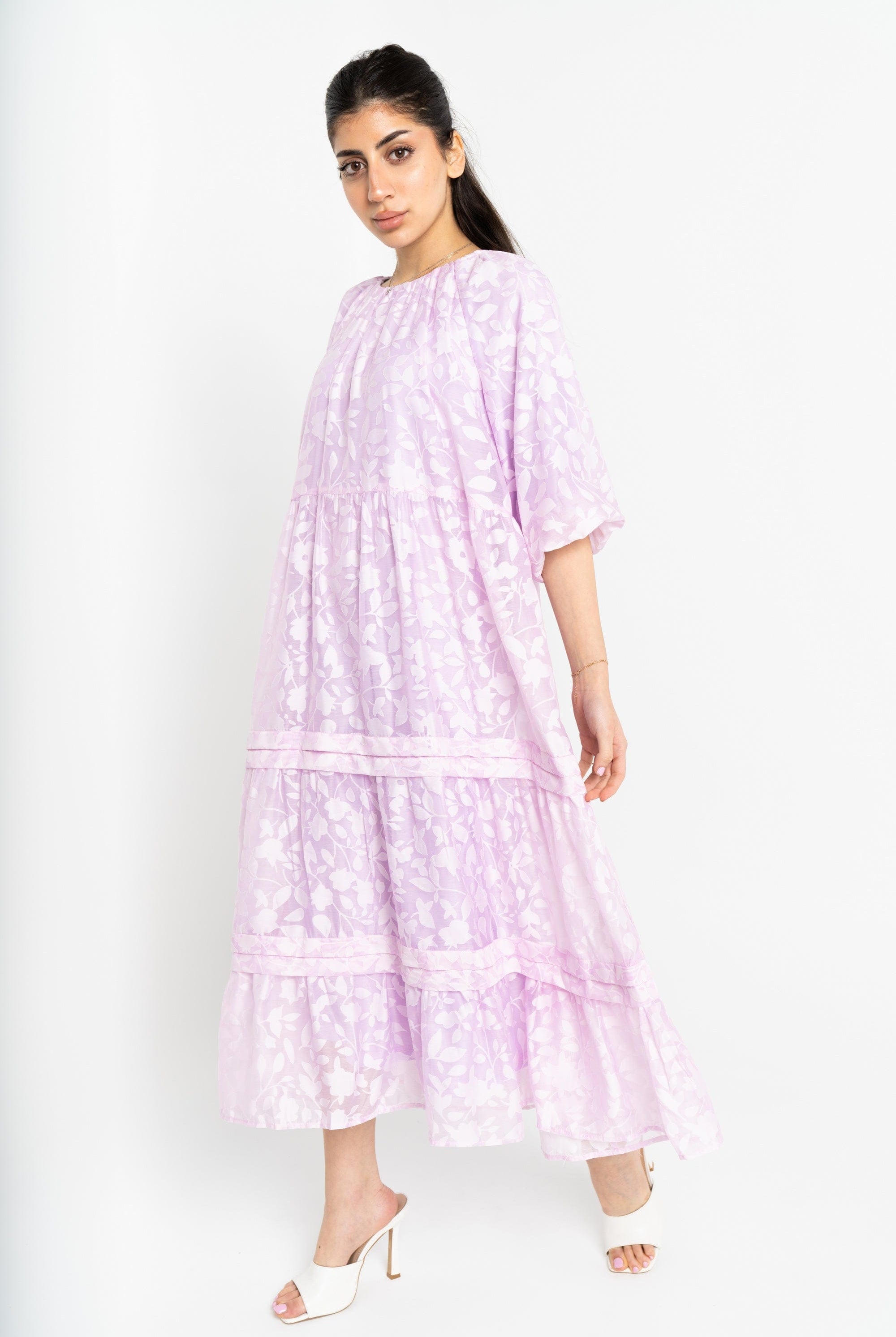 نتشي فستان ميدي مشجر واسع طبقات من أسفل 3/4 كم نسائي