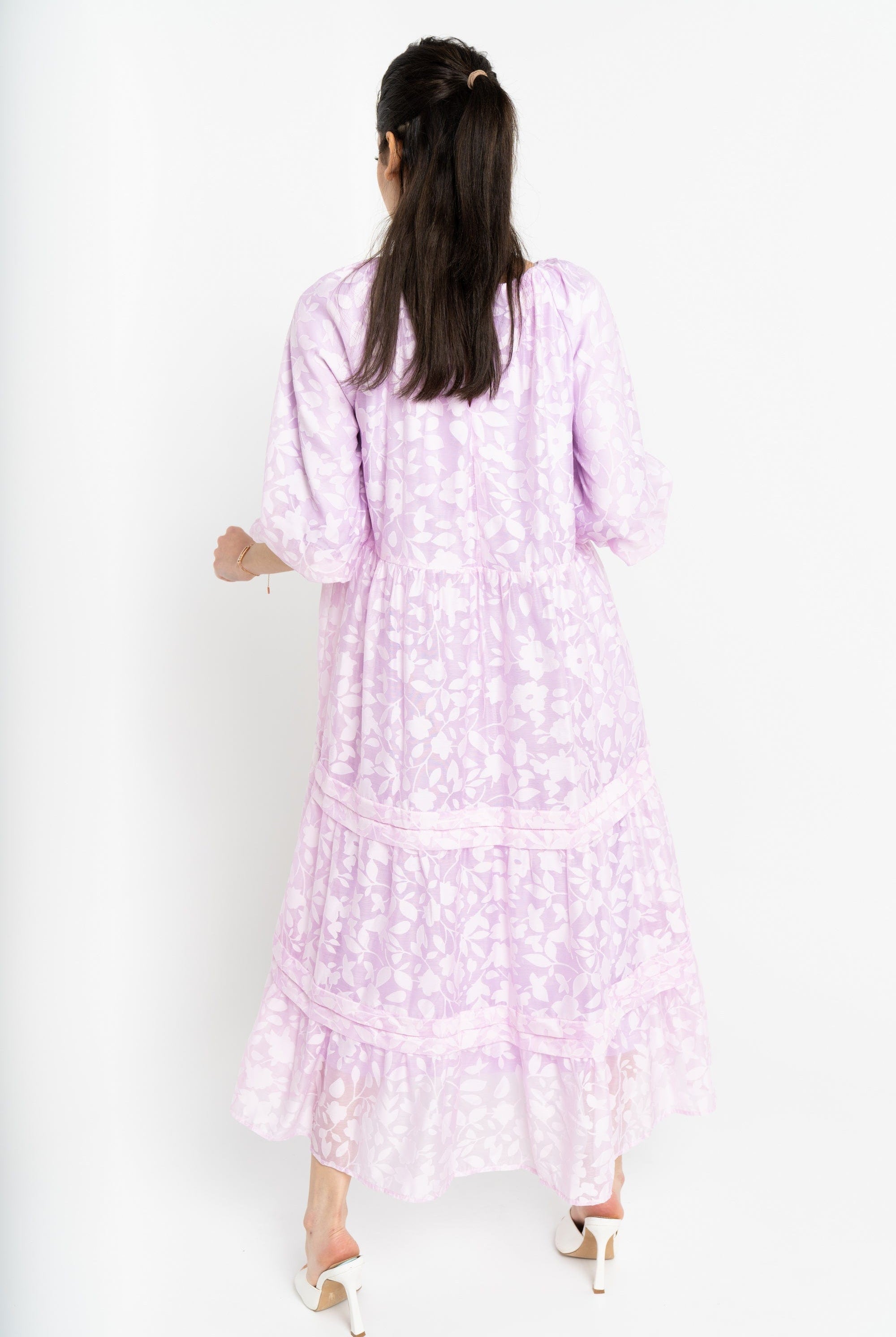 نتشي فستان ميدي مشجر واسع طبقات من أسفل 3/4 كم نسائي