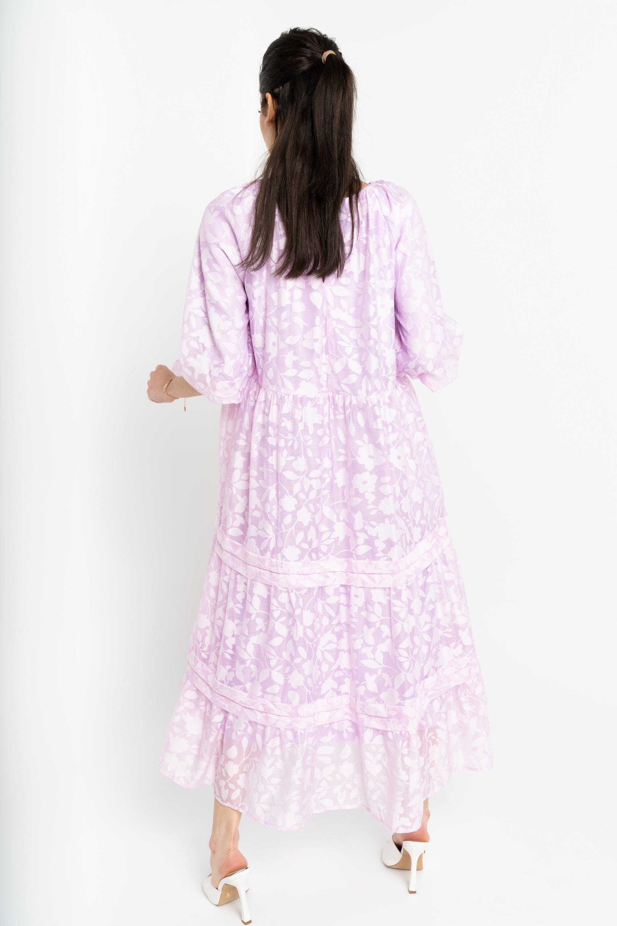 نتشي فستان ميدي مشجر واسع طبقات من أسفل 3/4 كم نسائي